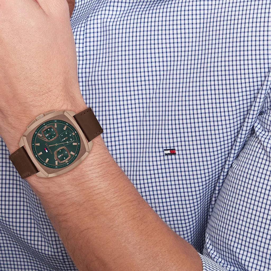 Tommy Hilfiger Apollo Multifunction Green Dial Brown Leather Men's Watch | Tommy Hilfiger 1710557