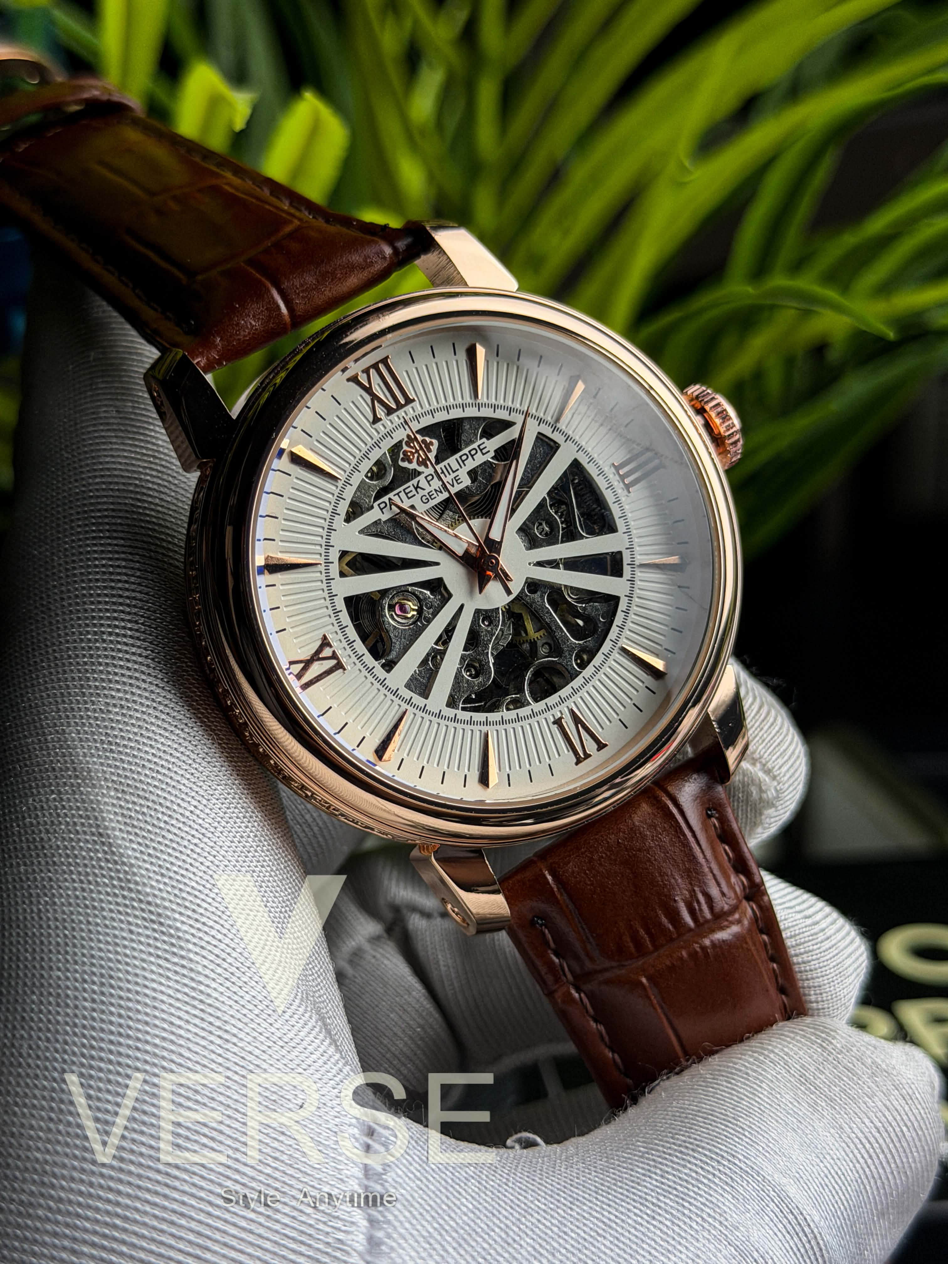 Patek Philippe Automatic Noir Guilloché | Brown Strap Rose Gold Tone - ( Double A )