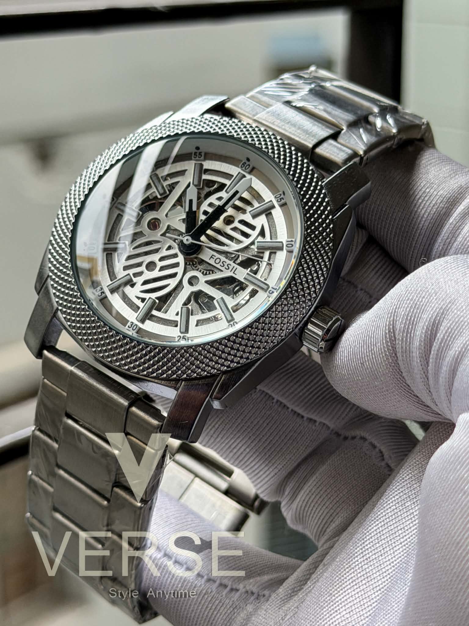 Fossil Machine Automatic | Silver Chain Steel Silver Dial - ( Double A )