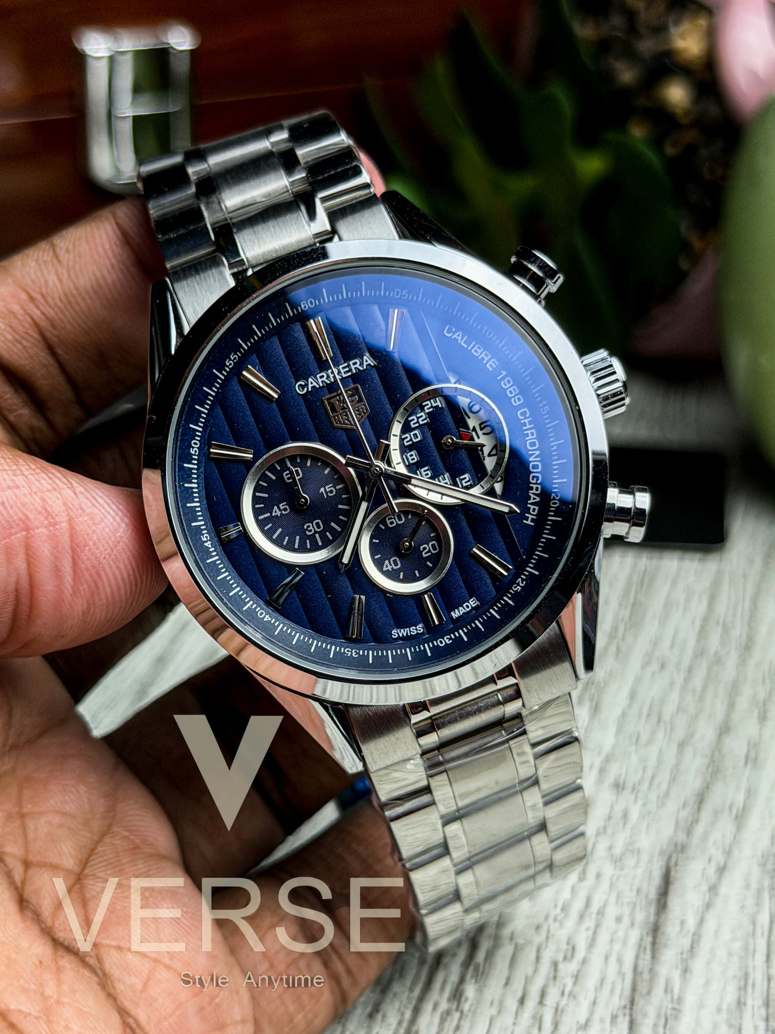 TAG Heuer Carrera 1969 Chronograph V2 | Silver Chain Midnight Blue Dial - ( Double A )