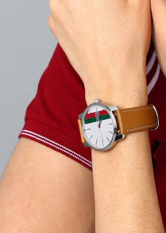 Peter England PE000006A Men’s Analog Watch White & Silver Dial, Tan Leather Strap| Peter England PE000006A - VERSE - 