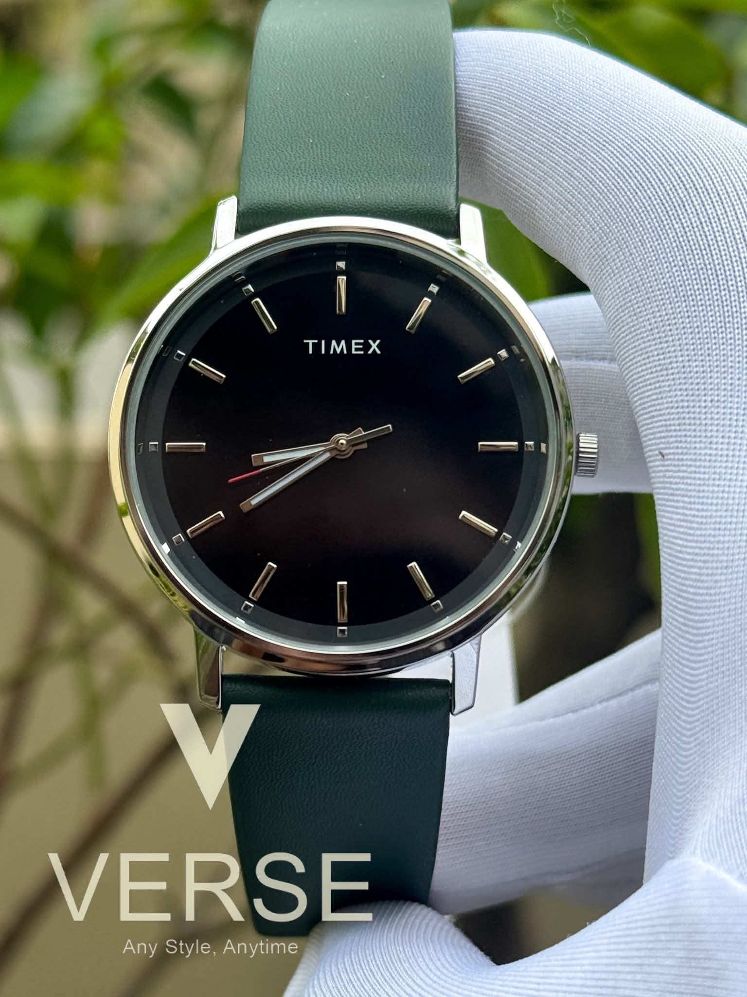 Timex Classics TW0TG8018 Men’s Analog Watch – Black Dial, Green Leather Strap| Timex Classics TW0TG8018 - VERSE - 