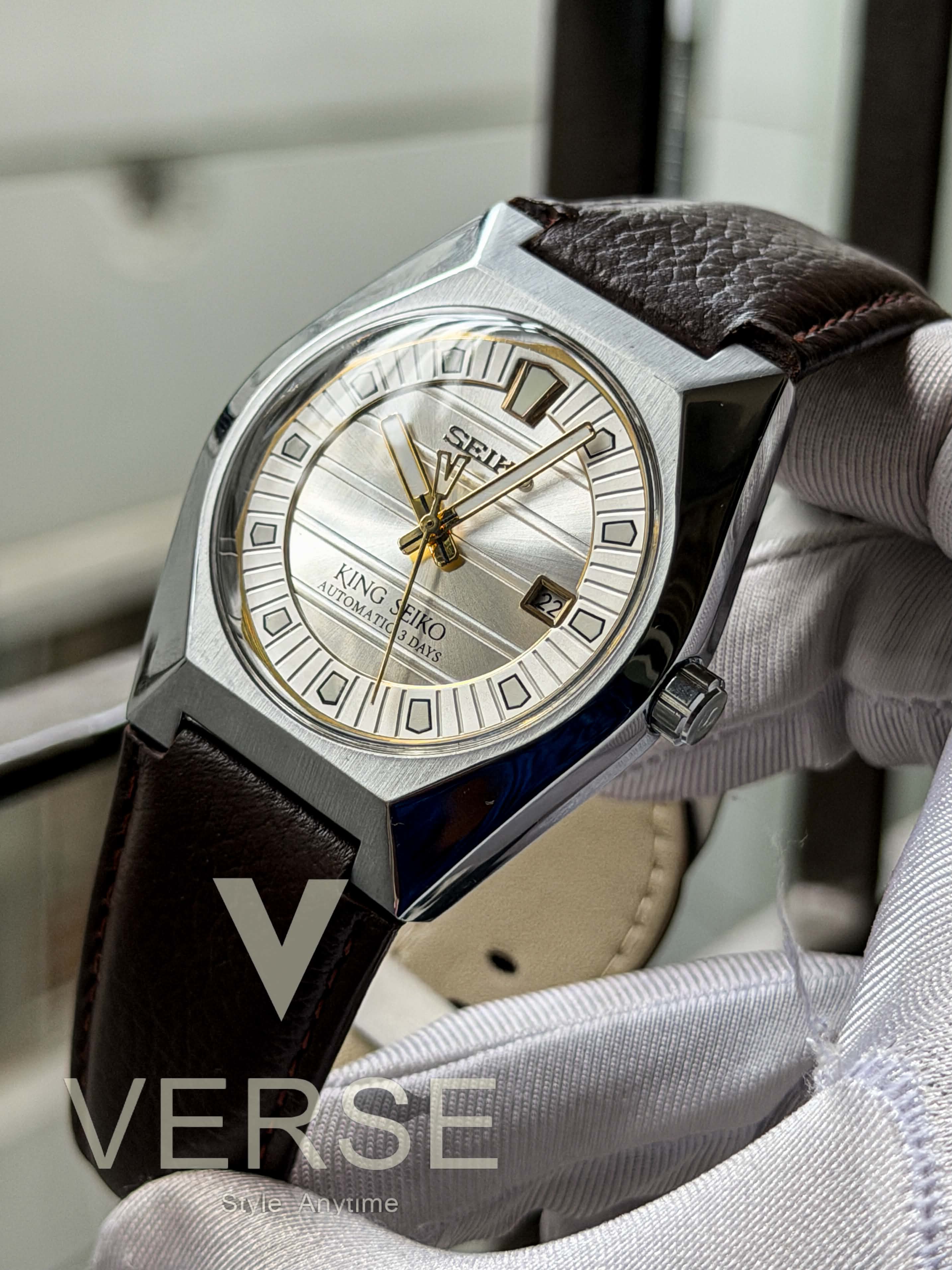 King Seiko VANAC Automatic "Tokyo Sunrise" | Frost Silver Dial Espresso Brown Leather - ( Semi Triple A )