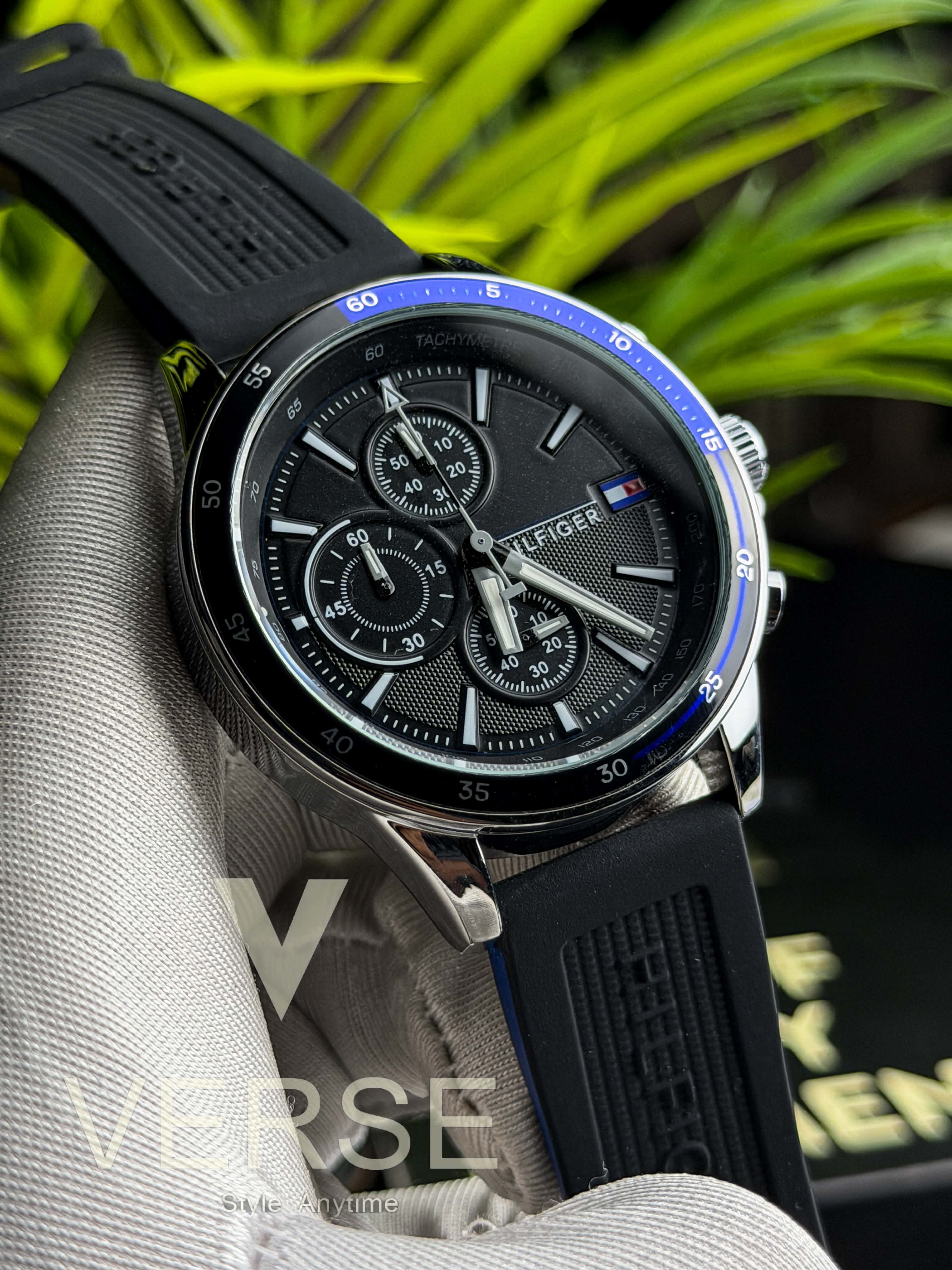 Tommy Hilfiger Bank Chronograph | Matte Black Dial Black Silicone Strap - ( Double A )