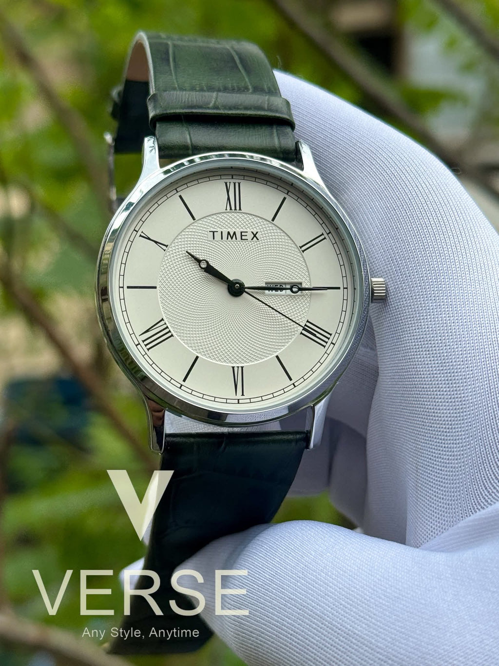 Timex TWTG10510 Men’s Analog Watch – White Dial, Dark Green Leather Strap| Timex TWTG10510 - VERSE - 
