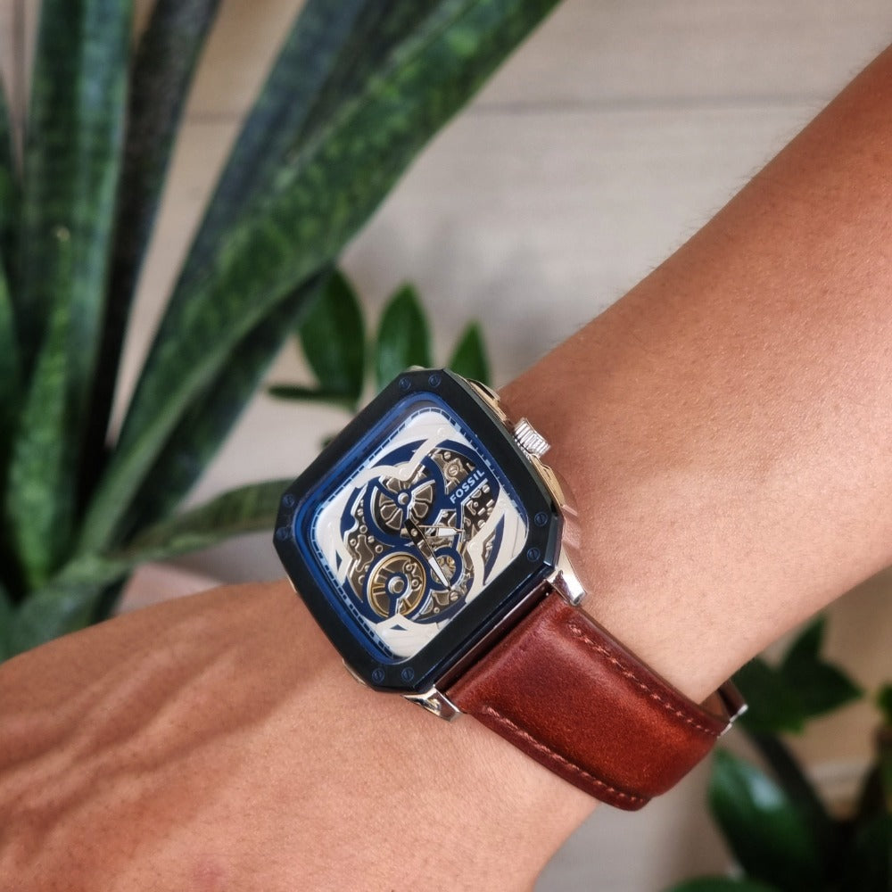 Fossil Inscription Automatic Blue Smoke Skeleton Dial Brown Leather Men's Watch | Fossil BQ2571
