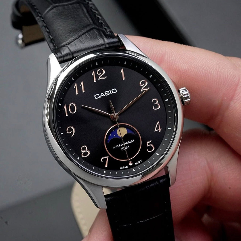 Casio MTP - M110L - 1AV Moon Phase Black Dial Men's Leather Watch | Casio MTP - M110L - 1AV - VERSE - 