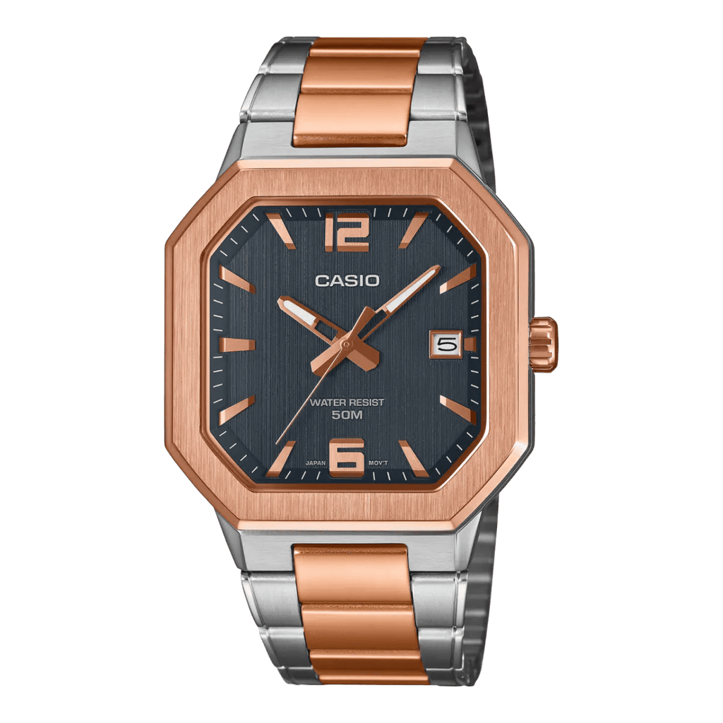 Casio MTP-B195RG-2AV Octagonal Sport Blue Dial Men's Rose Gold Tone Stainless Steel Watch | Casio MTP-B195RG-2AVVERSE