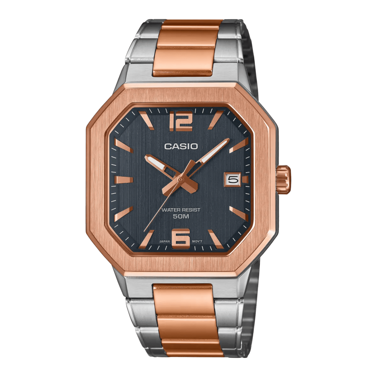 Casio MTP-B195RG-2AV Octagonal Sport Blue Dial Men's Rose Gold Tone Stainless Steel Watch | Casio MTP-B195RG-2AVVERSE