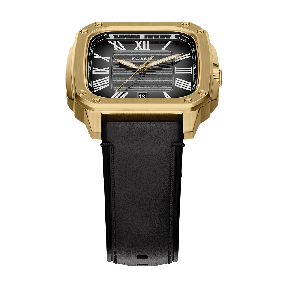 Fossil Crosby Three-Hand Date Gold-Tone Black Dial Black Leather Men's Watch | Fossil FS6151