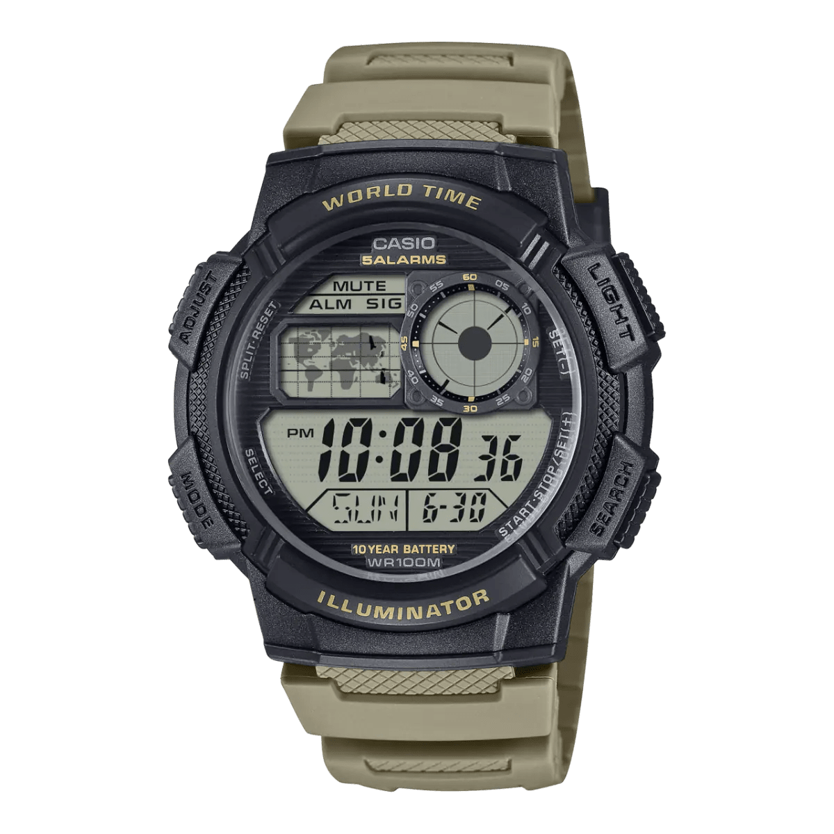 Casio AE - 1000W - 5AV 100M Men's Digital Khaki Resin Band Watch | Casio AE - 1000W - 5AV - VERSE - 