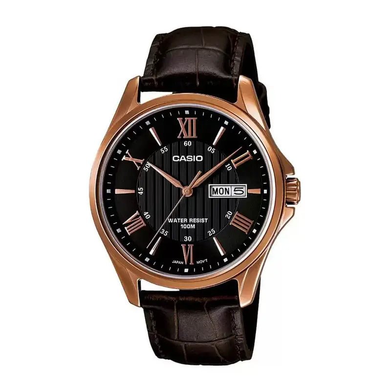 Casio MTP - 1384L - 1AVDF Black Dial Rose Gold Tone Men's Brown Leather Watch | Casio MTP - 1384L - 1AVDF - VERSE - 