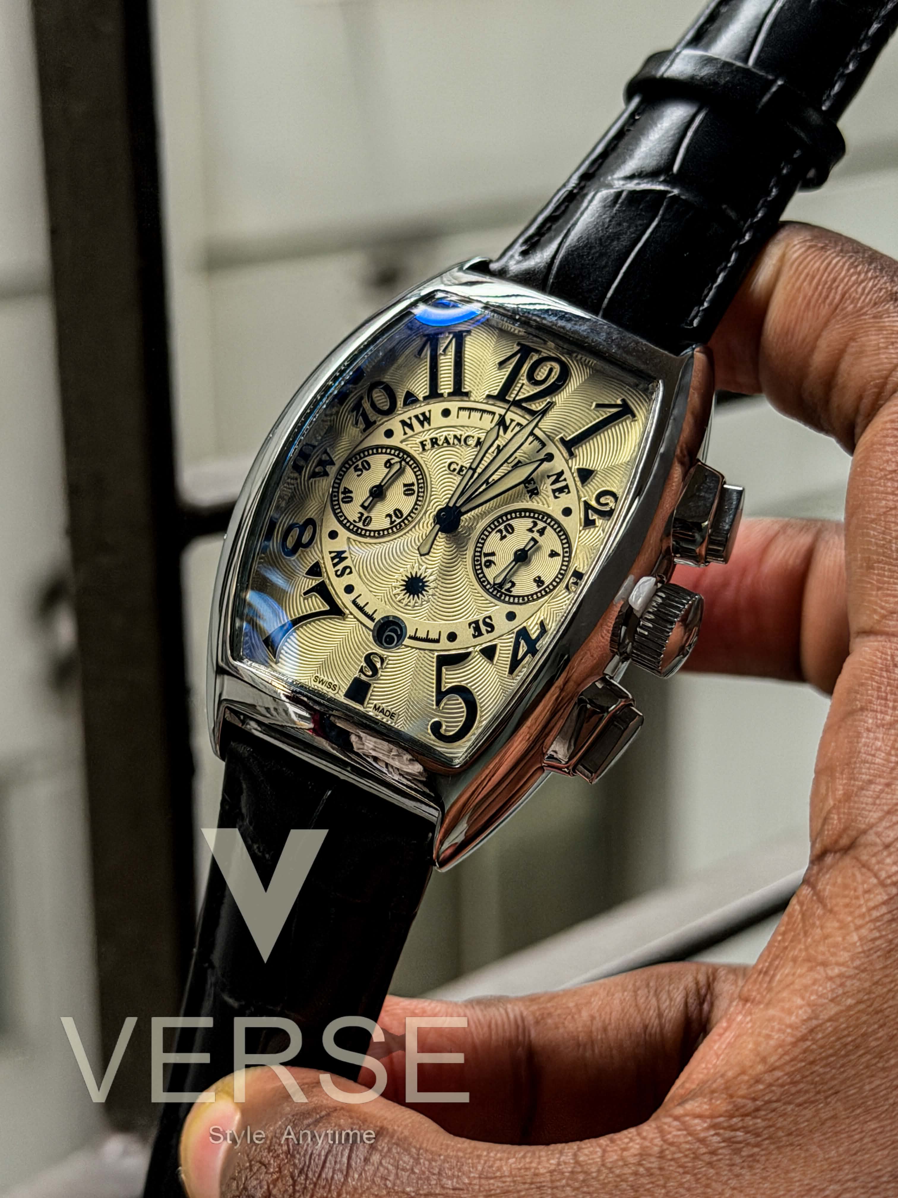 Franck Muller Cintrée Curvex Chronograph | Silver Guilloché Dial Black Leather - ( Double A )