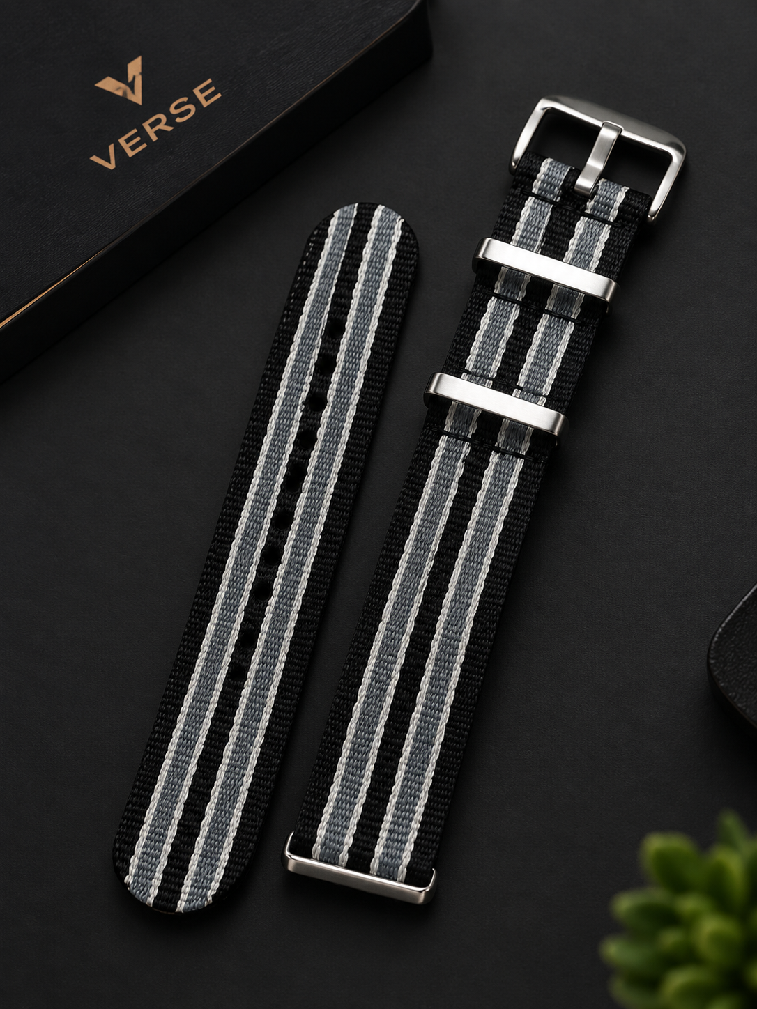Black & Grey Striped NATO Nylon Watch Strap
