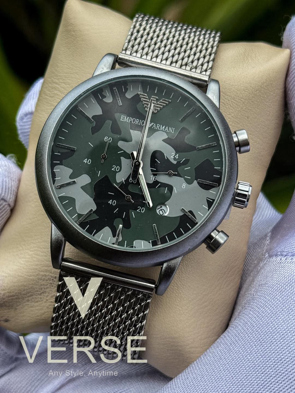 Armani Luigi Chronograph Mesh Chain Camouflage Dial AA - VERSE - 