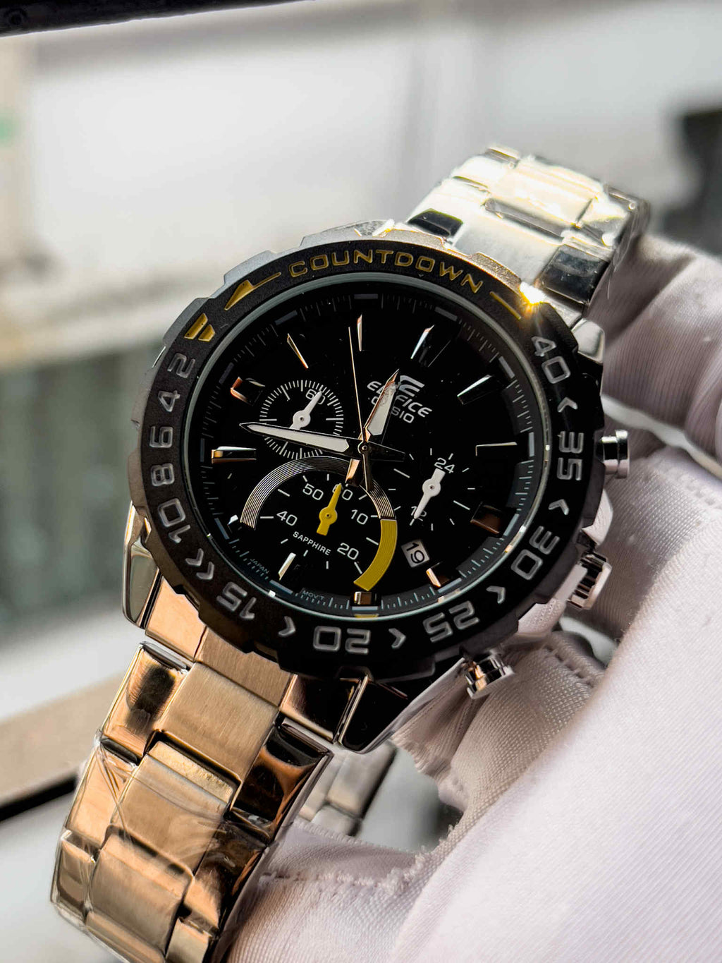 Casio Edifice 566DB Silver Chain Black - Yellow Bezel - Dial AA - VERSE - 