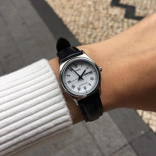 Casio LTP-V006L-7BUDF Day-Date White Dial Black Leather Women's Watch | Casio LTP-V006L-7BUDF