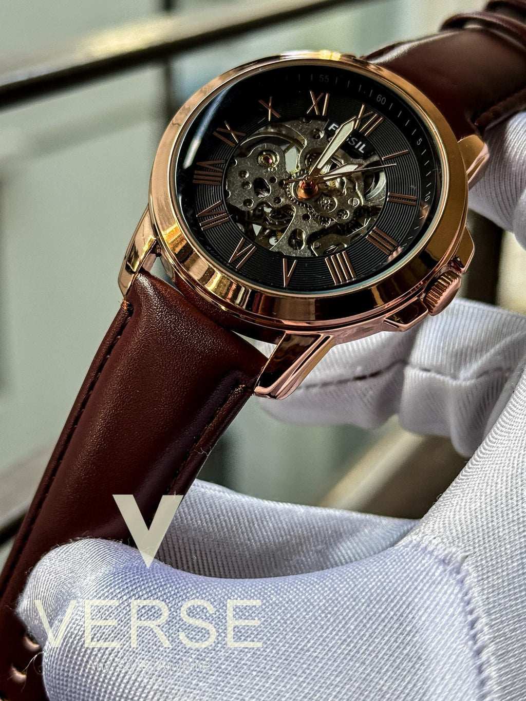 Fossil Automatic Maroon Belt Rose Gold AA - VERSE - 