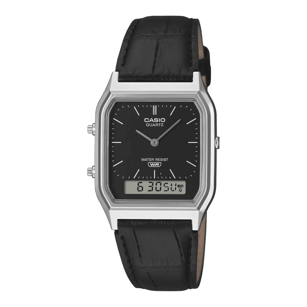 Casio AQ - 230EL - 1A Analog - Digital Black Dial Leather Band Unisex Watch | Casio AQ - 230EL - 1A - VERSE - 