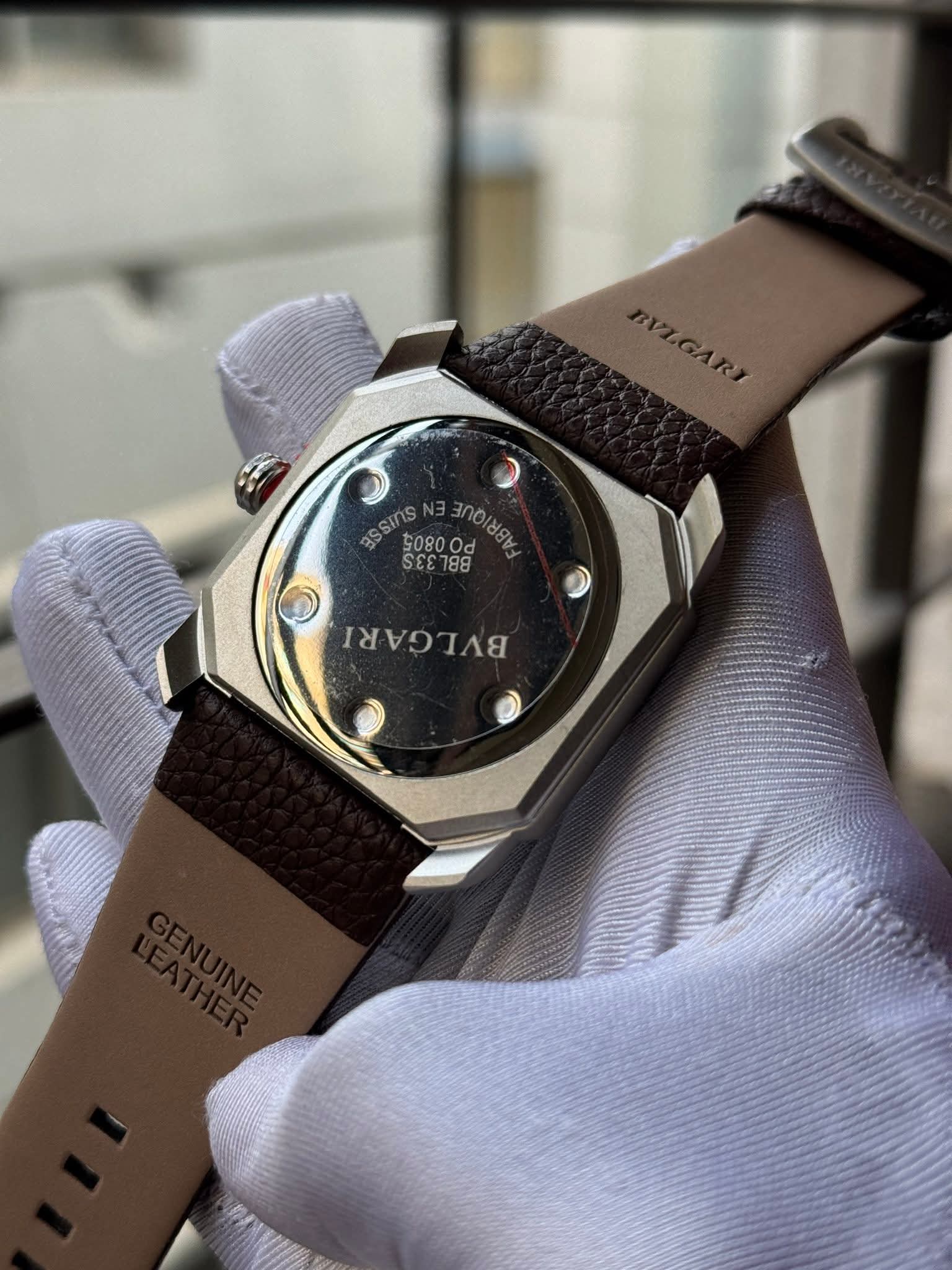 BVLGARI Octo Finissimo Brown Belt White Arabic Dial Glossy Silver Case AA - VERSE - 