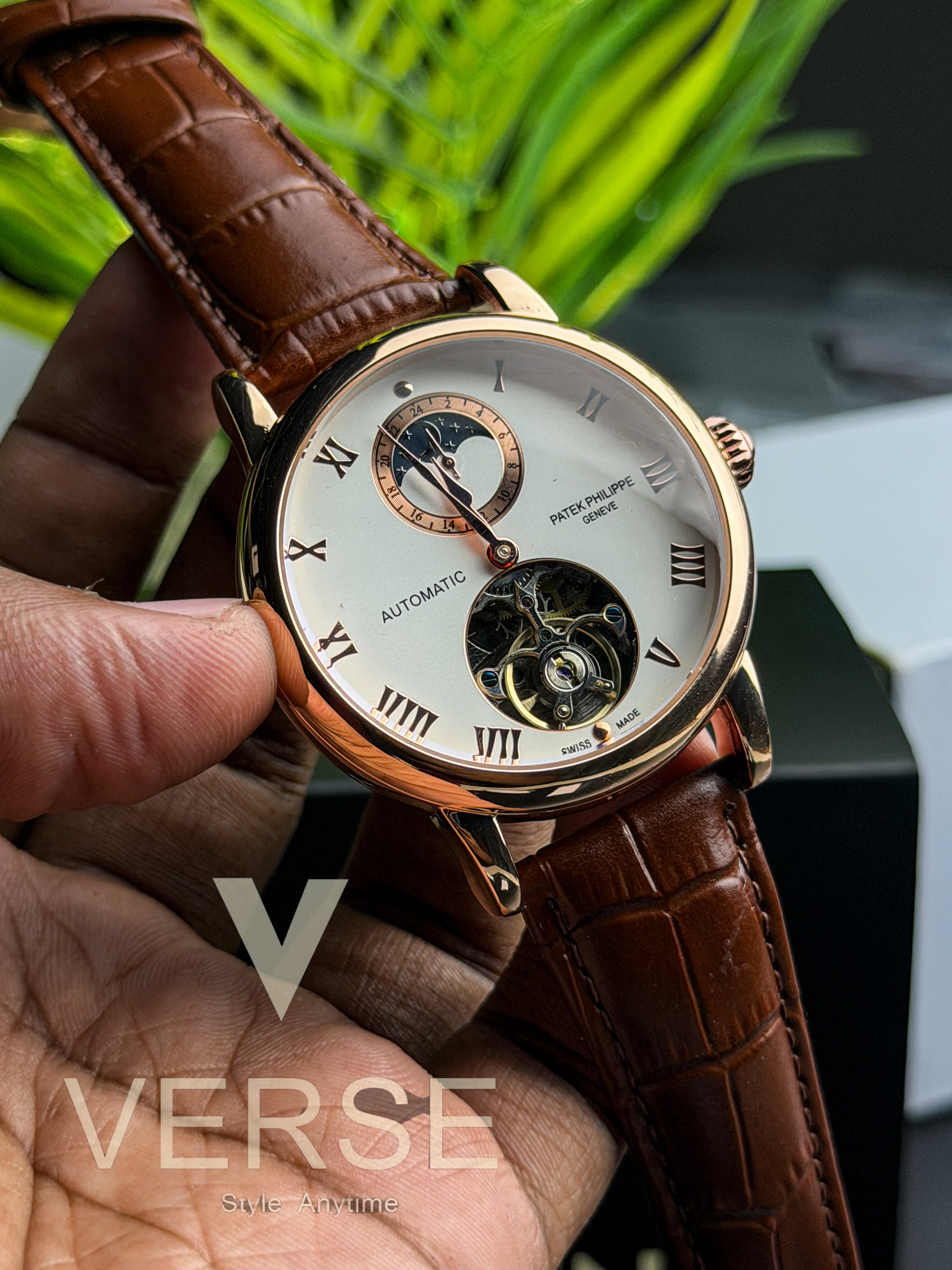 Patek Philippe "Alchemist Moonphase Open Heart" Automatic | White Dial Chestnut Brown Leather Rose Gold Tone - ( Semi Triple A )