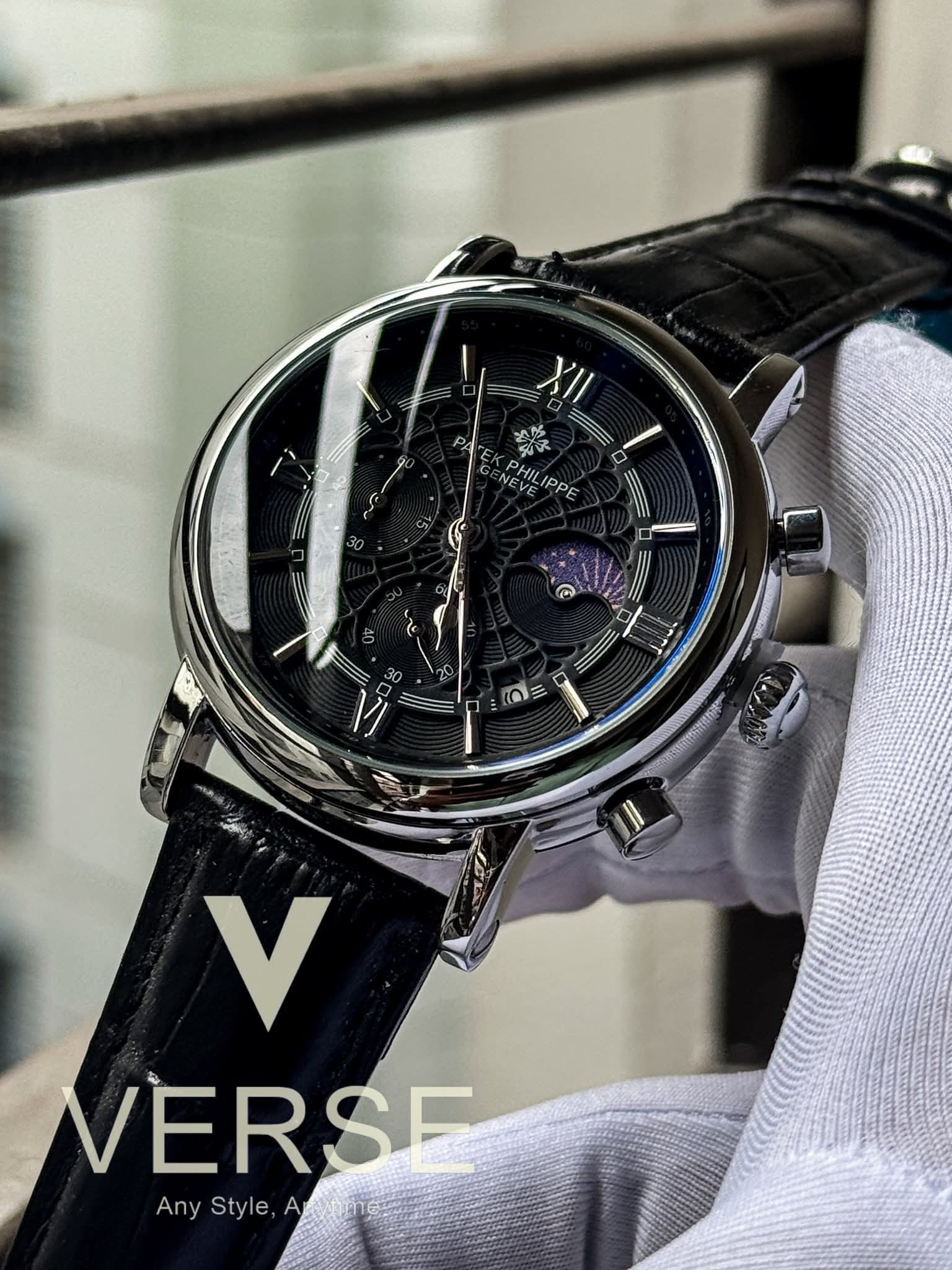 Patek Philippe Moonphase Black Spider Dial Black Belt AA - VERSE - 