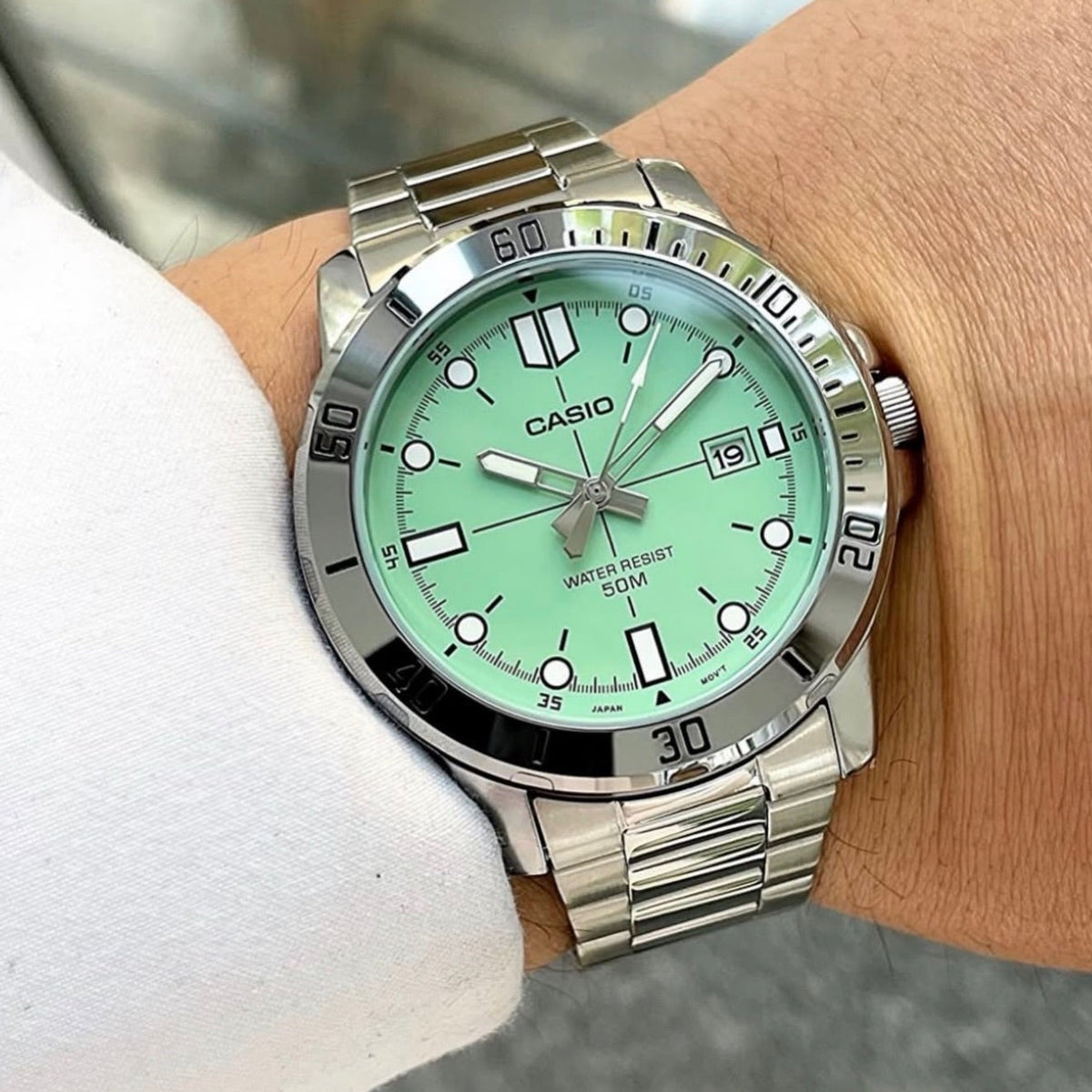 Casio Enticer MTP-VD01D-3E1VUDF Mint Green Dial Stainless Steel Men's Watch | Casio MTP-VD01D-3E1VUDF