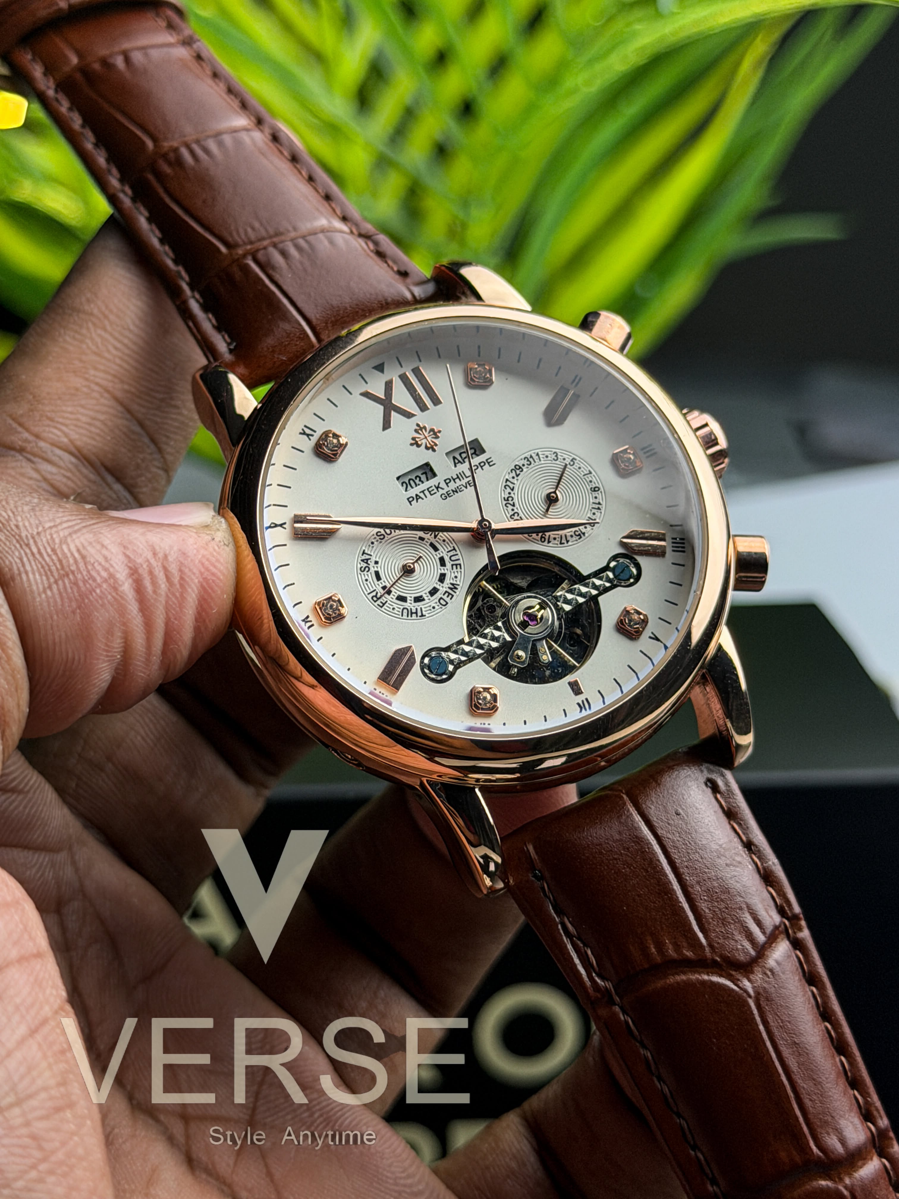 Patek Philippe Grand Flywheel Complication Automatic | White Dial Chestnut Brown Leather Rose Gold Tone - ( Semi Triple A )