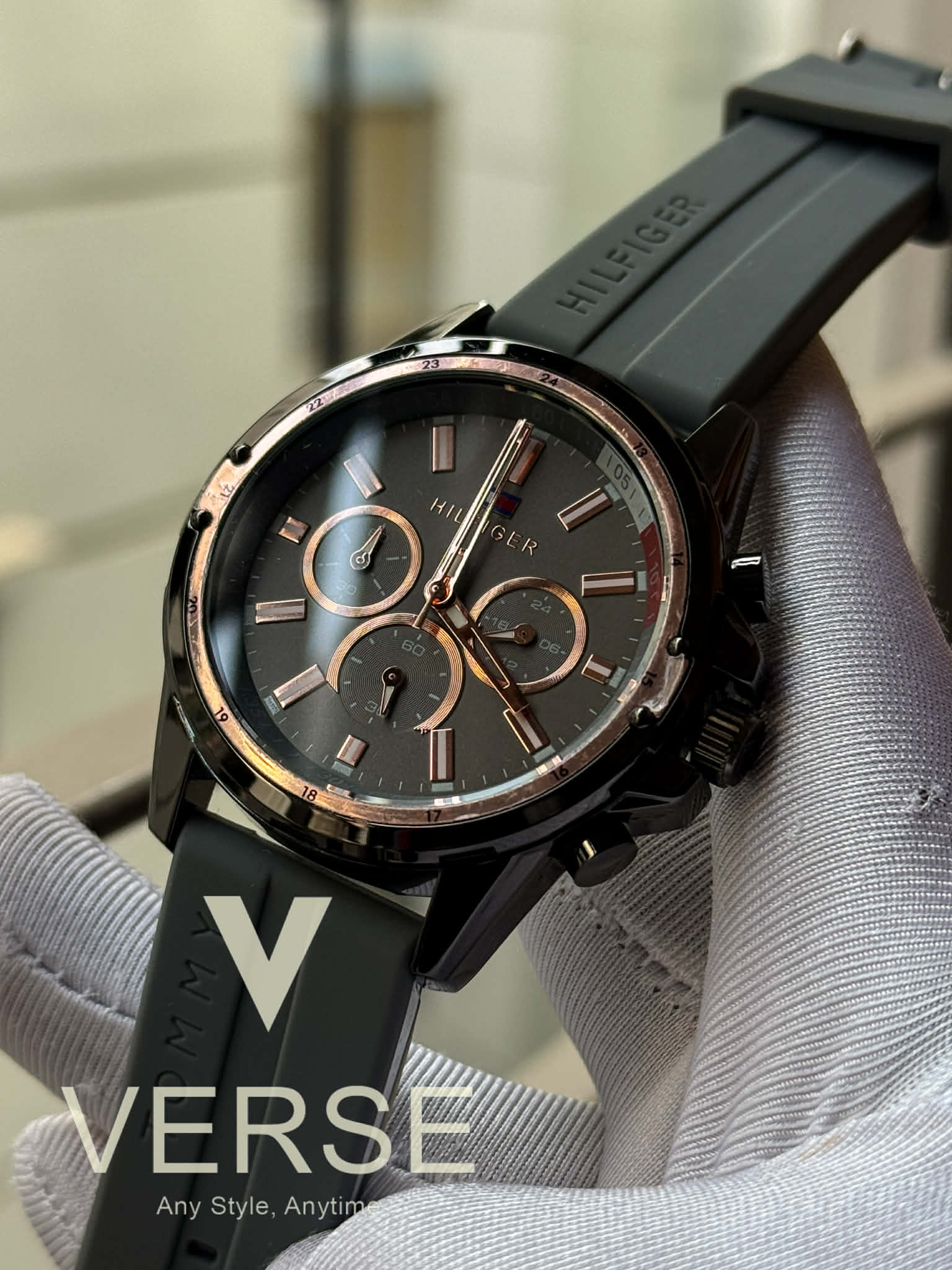 Tommy Hilfiger Mason Chronograph Grey Belt - Dial Rose Gold Accents AA | Free Brand Box Offer - VERSE - 