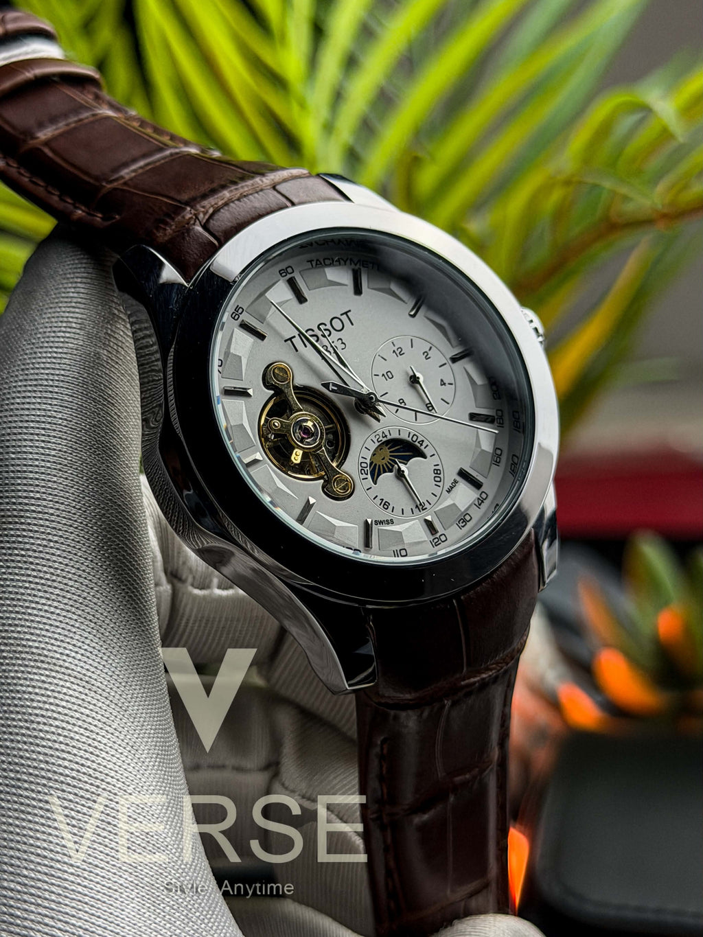 Tissot 1853 "Moonphase Open Heart" Automatic | White Dial Brown Leather - ( Semi Triple A )