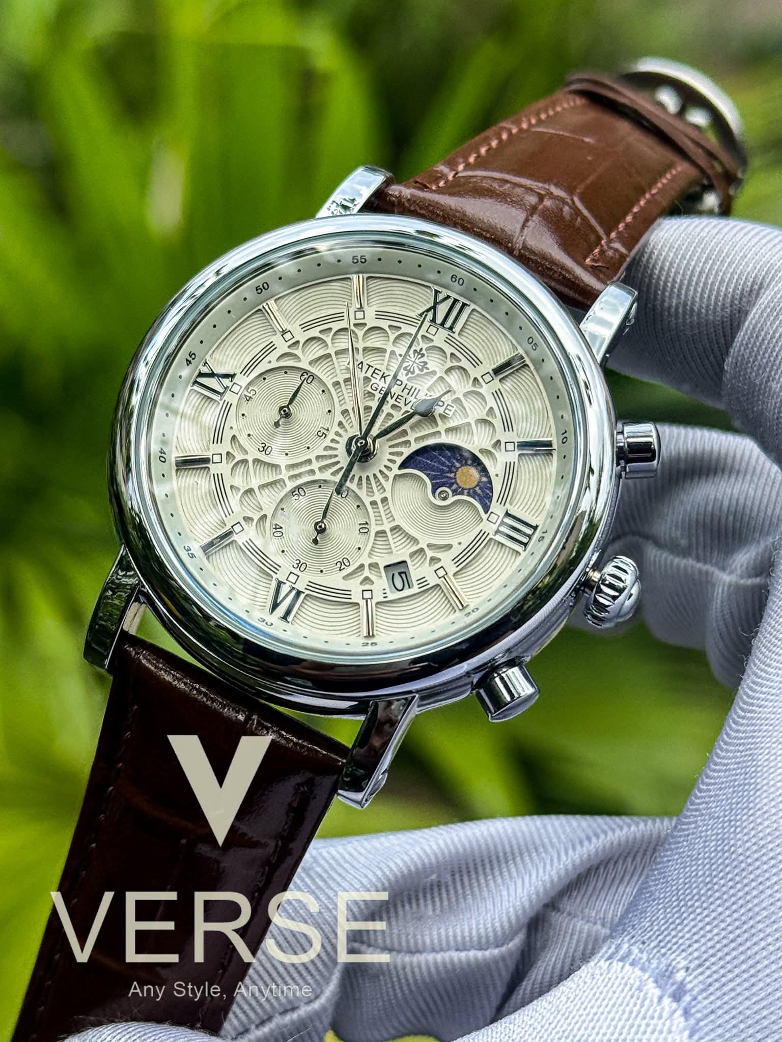 Patek Philippe Chronograph Moonphase Brown Belt Spider White Dial AA - VERSE - 