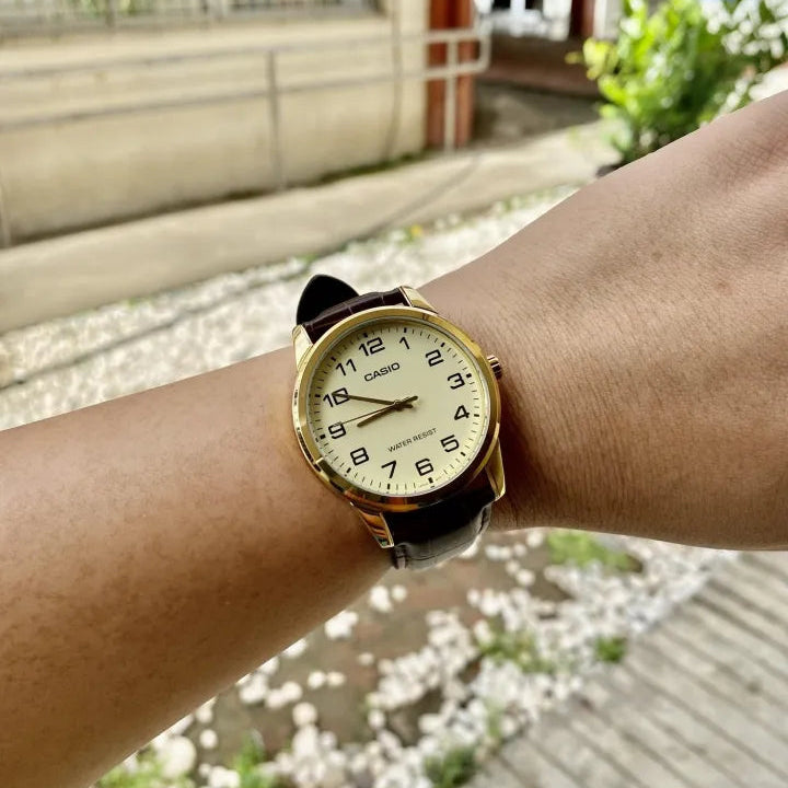 Casio Enticer MTP-V001GL-9BUDF Champagne Gold Dial Brown Leather Gold Tone Men's Watch | Casio MTP-V001GL-9BUDF