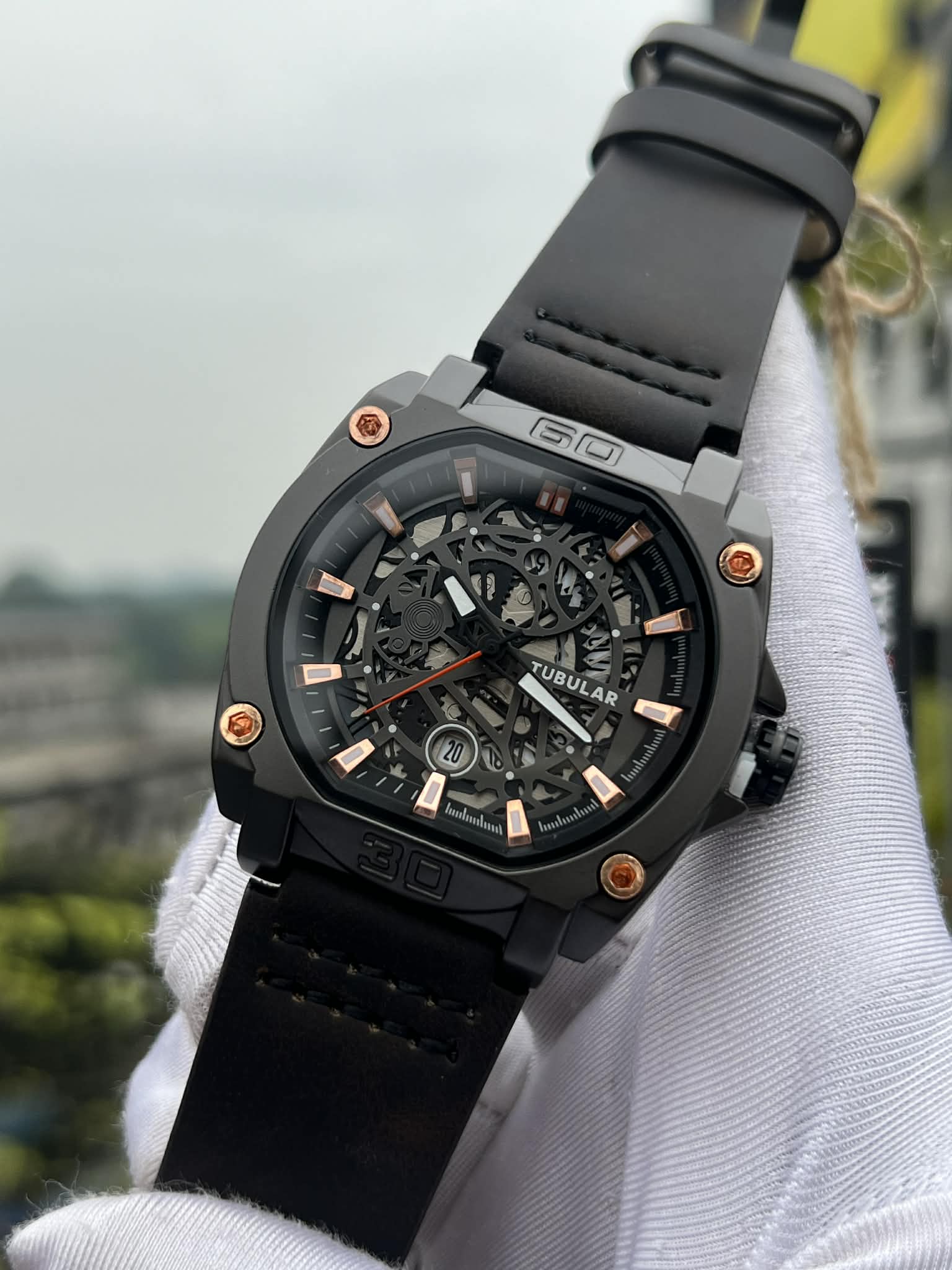 Tubular Square Gunmetal Case Skeleton Dial Rose - Gold Digits - VERSE - 