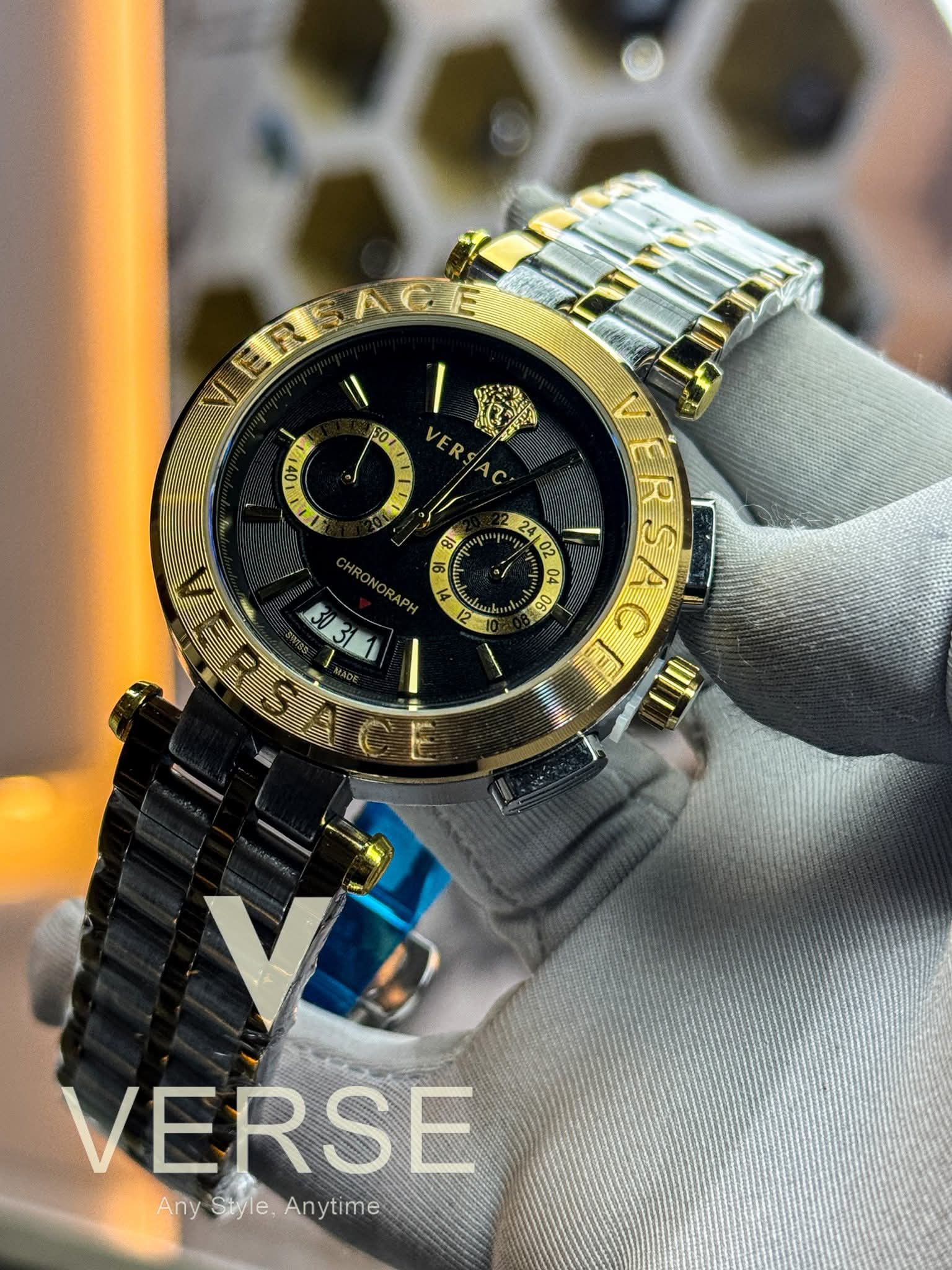 Versace Aion Chronograph | Two - Tone Chain - Black Dial - VERSE - 