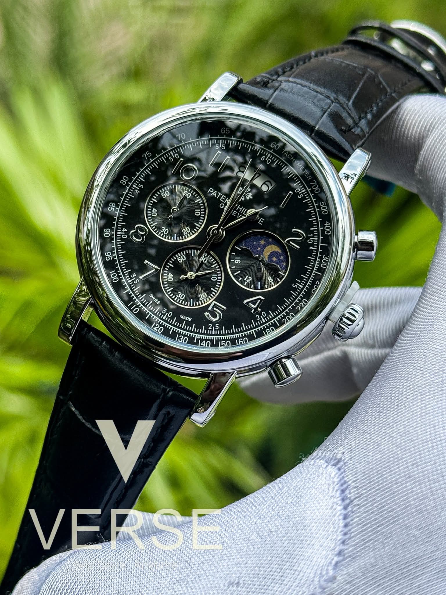 Patek Philippe Chronograph Moonphase Black Belt Silver Case Simple Black Dial AA - VERSE - 