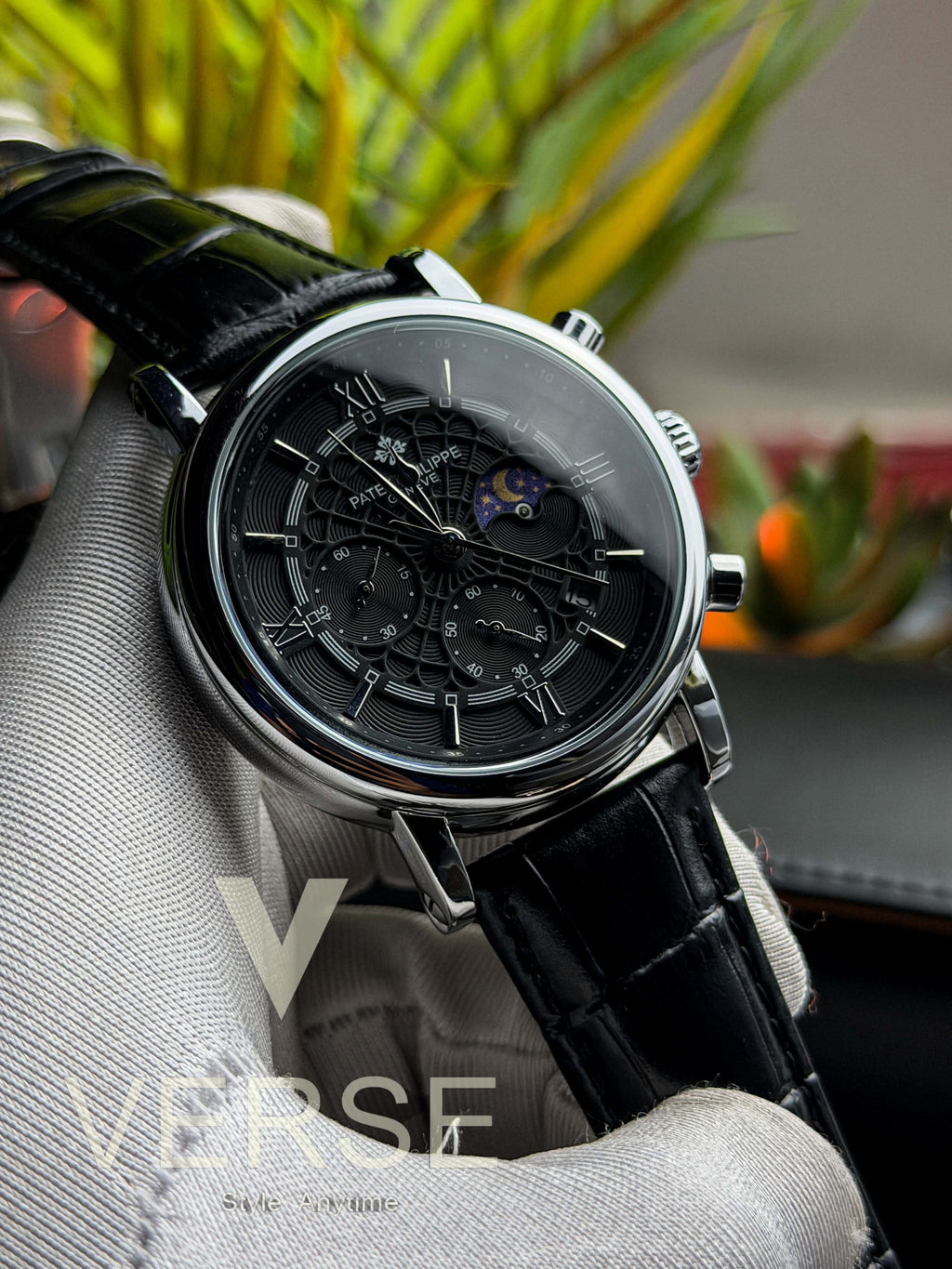 Patek Philippe Moonphase Chronograph | Black Leather Spider Black Dial - ( Double A )