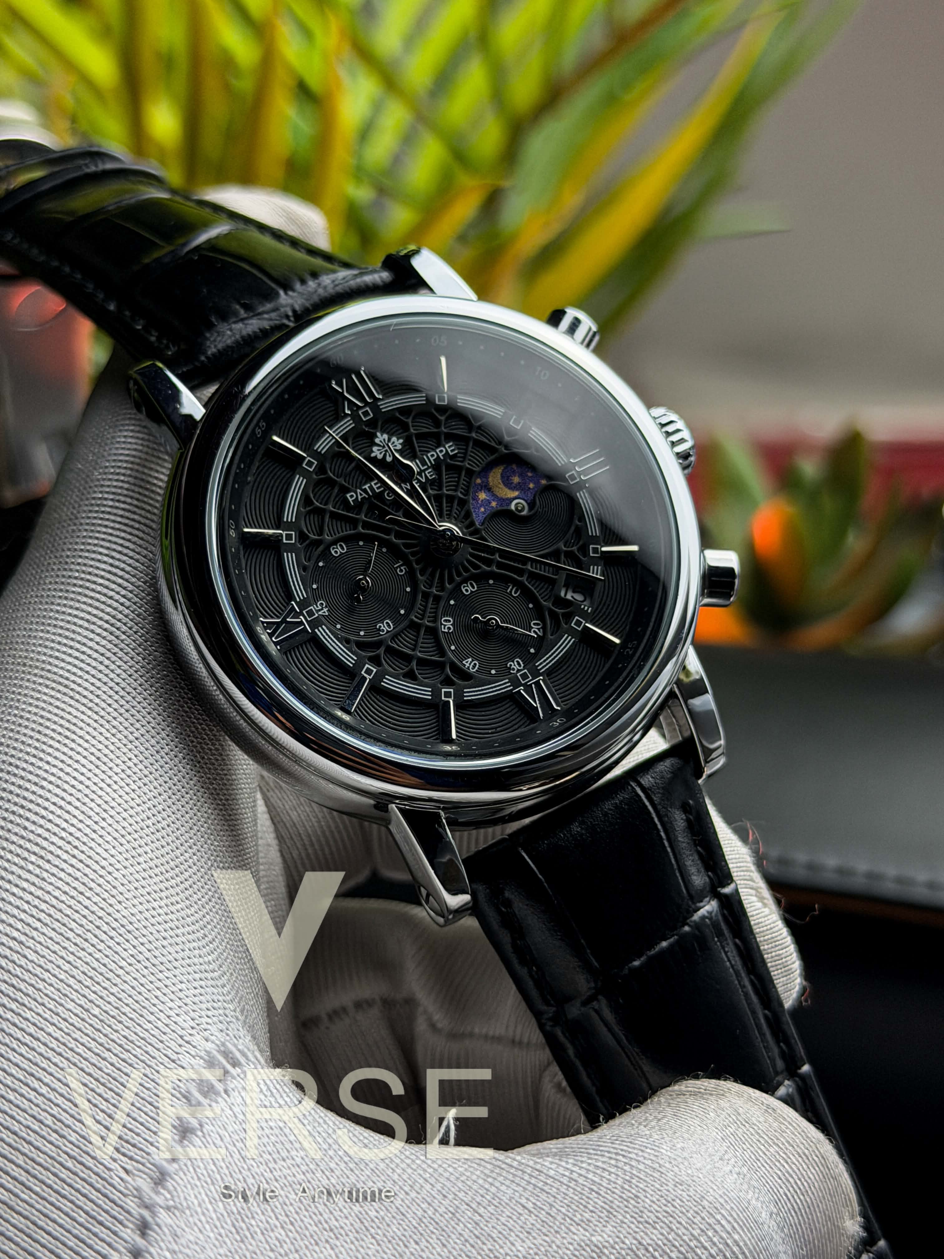 Patek Philippe Moonphase Chronograph | Black Leather Spider Black Dial - ( Double A )