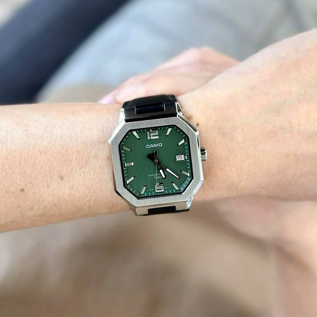 Casio MTP - B195L - 3AV Octagonal Sport Green Dial Men's Leather Watch | Casio MTP - B195L - 3AV - VERSE - 