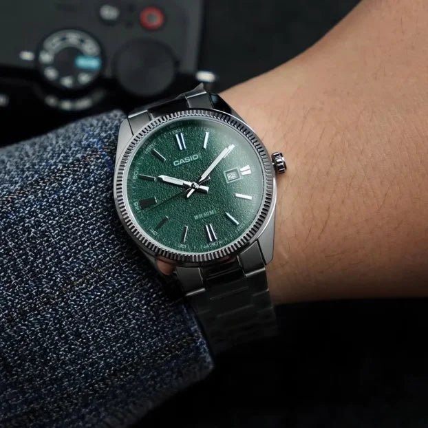 Casio MTP - 1302DA - 3AVDF Men’s Silver Stainless Steel Watch with Matte Green Dial | Casio MTP - 1302DA - 3AVDF - VERSE - 