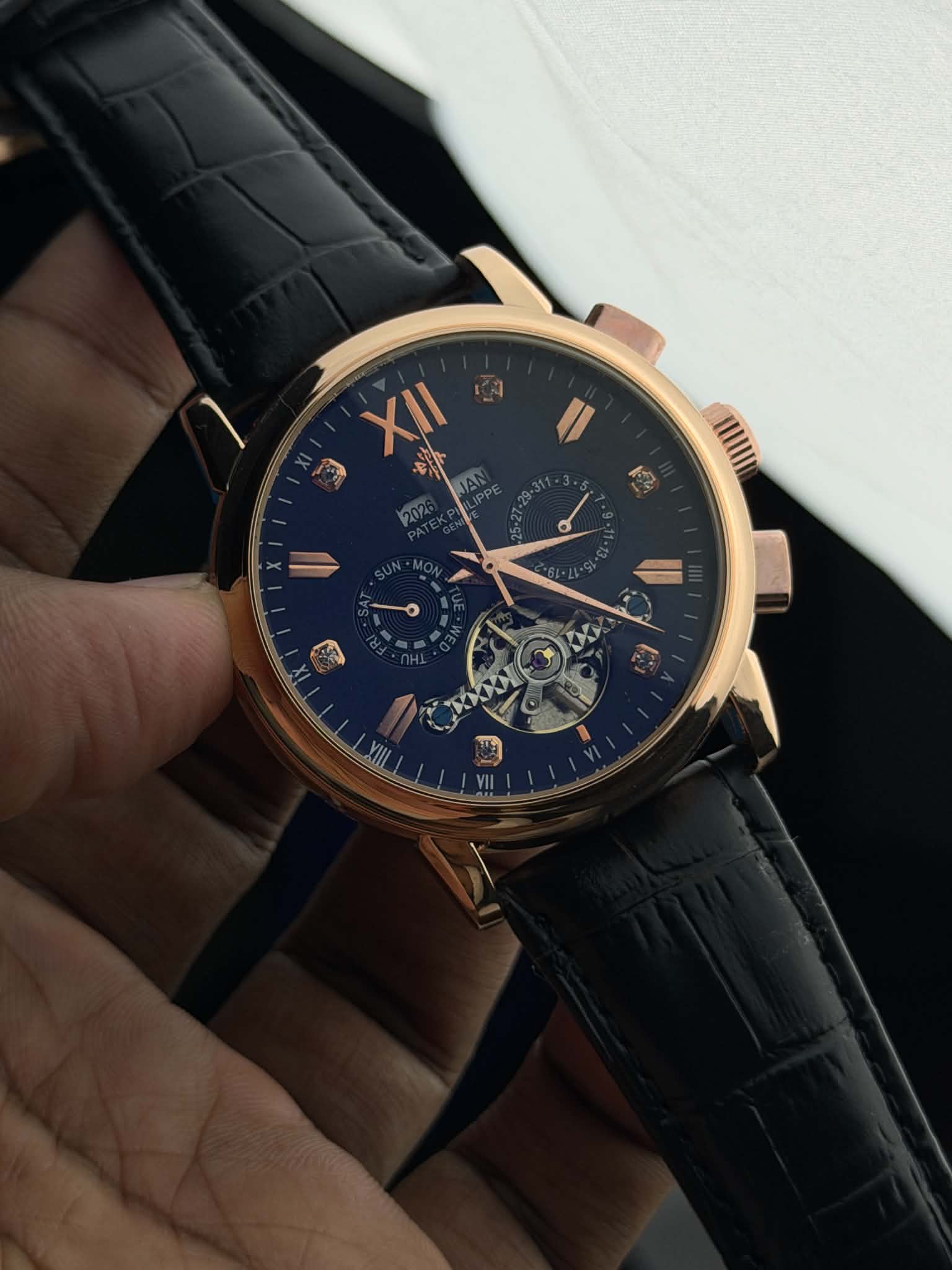 Patek Philippe Grand Flywheel Complication Automatic | Black Dial Black Leather Rose Gold Case - ( Semi Triple A )