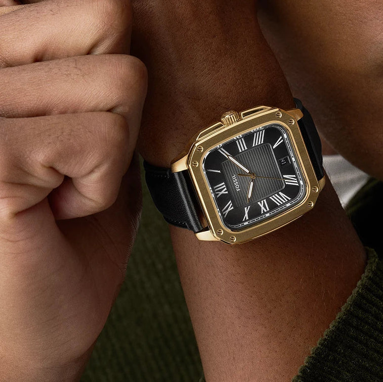 Fossil Crosby Three-Hand Date Gold-Tone Black Dial Black Leather Men's Watch | Fossil FS6151
