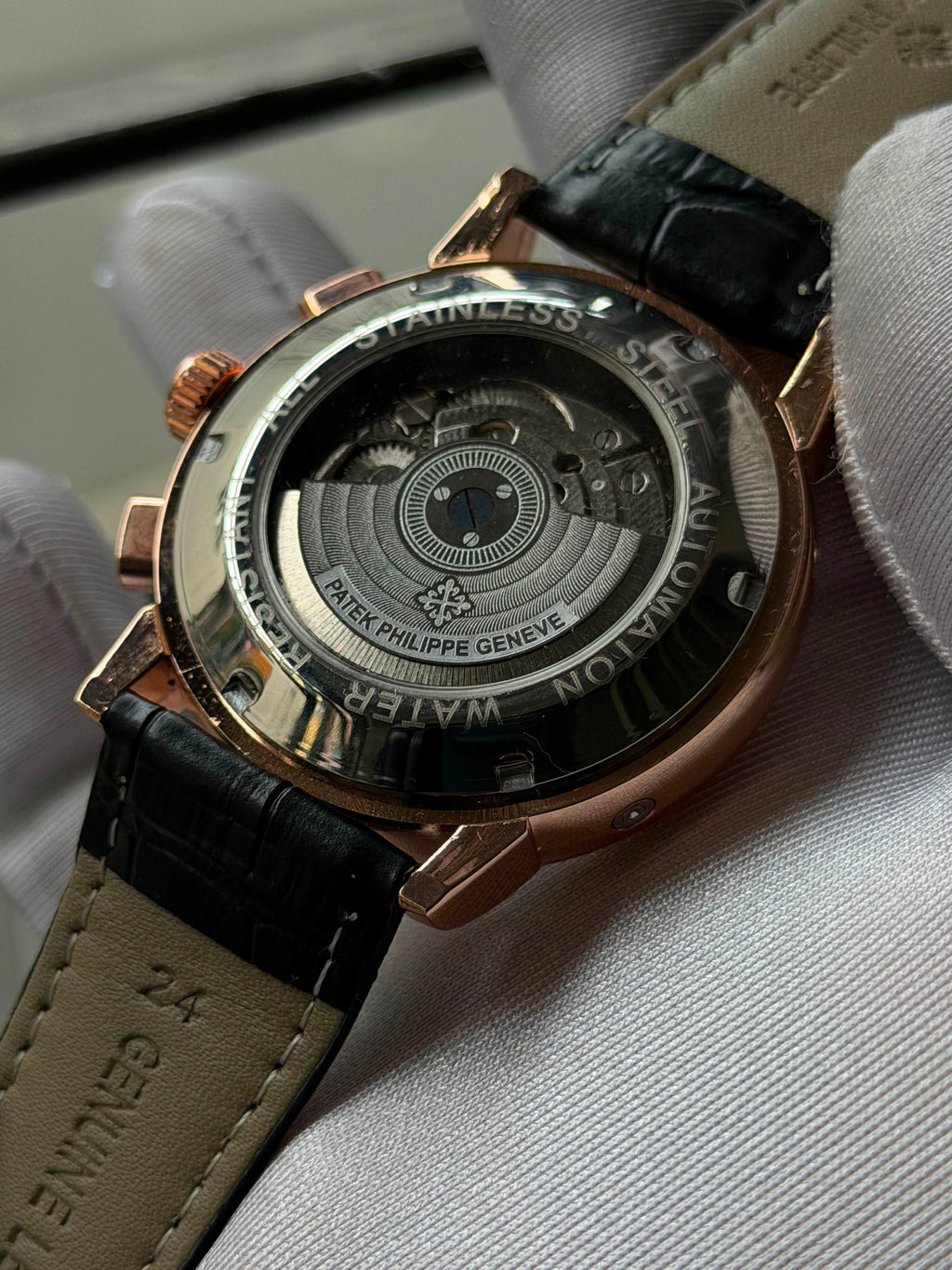 Patek Philippe Grand Flywheel Complication Automatic | Black Dial Black Leather Rose Gold Case - ( Semi Triple A )