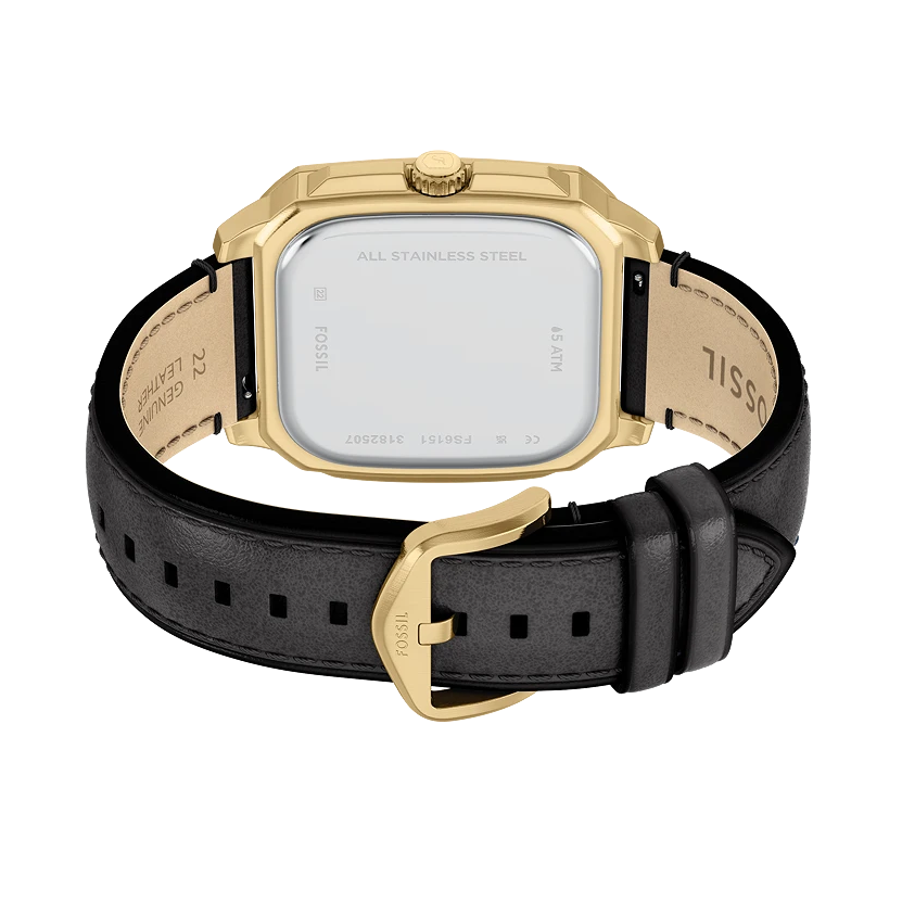 Fossil Crosby Three-Hand Date Gold-Tone Black Dial Black Leather Men's Watch | Fossil FS6151