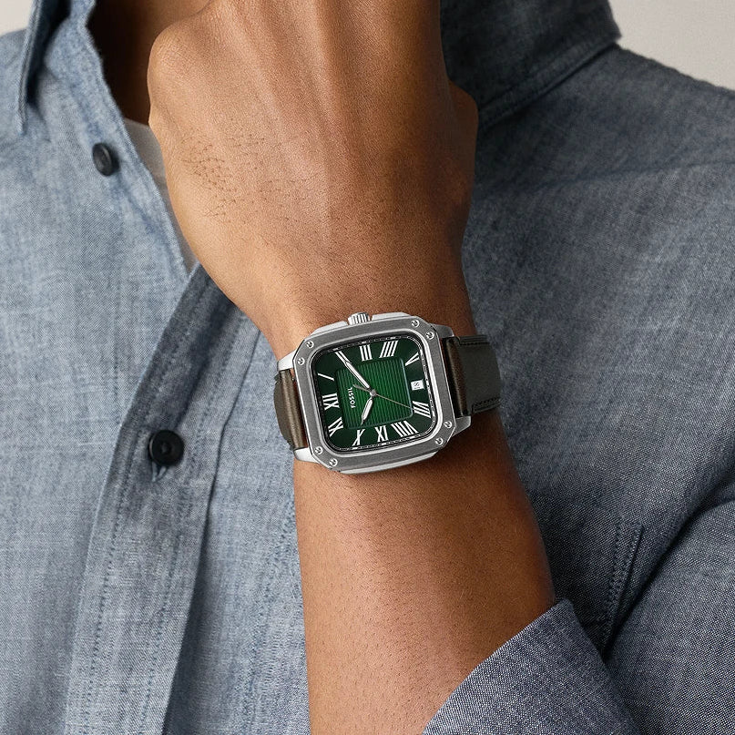 Fossil Crosby Three-Hand Date Satin Green Dial Brown Leather Men's Watch | Fossil FS6150