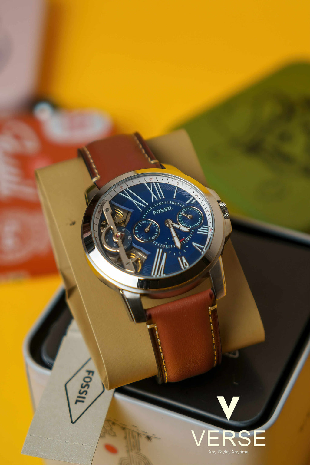 Fossil Grant ME1161 Men’s 44 mm Silver Chronograph – Navy Dial & Brown Leather - VERSE - 