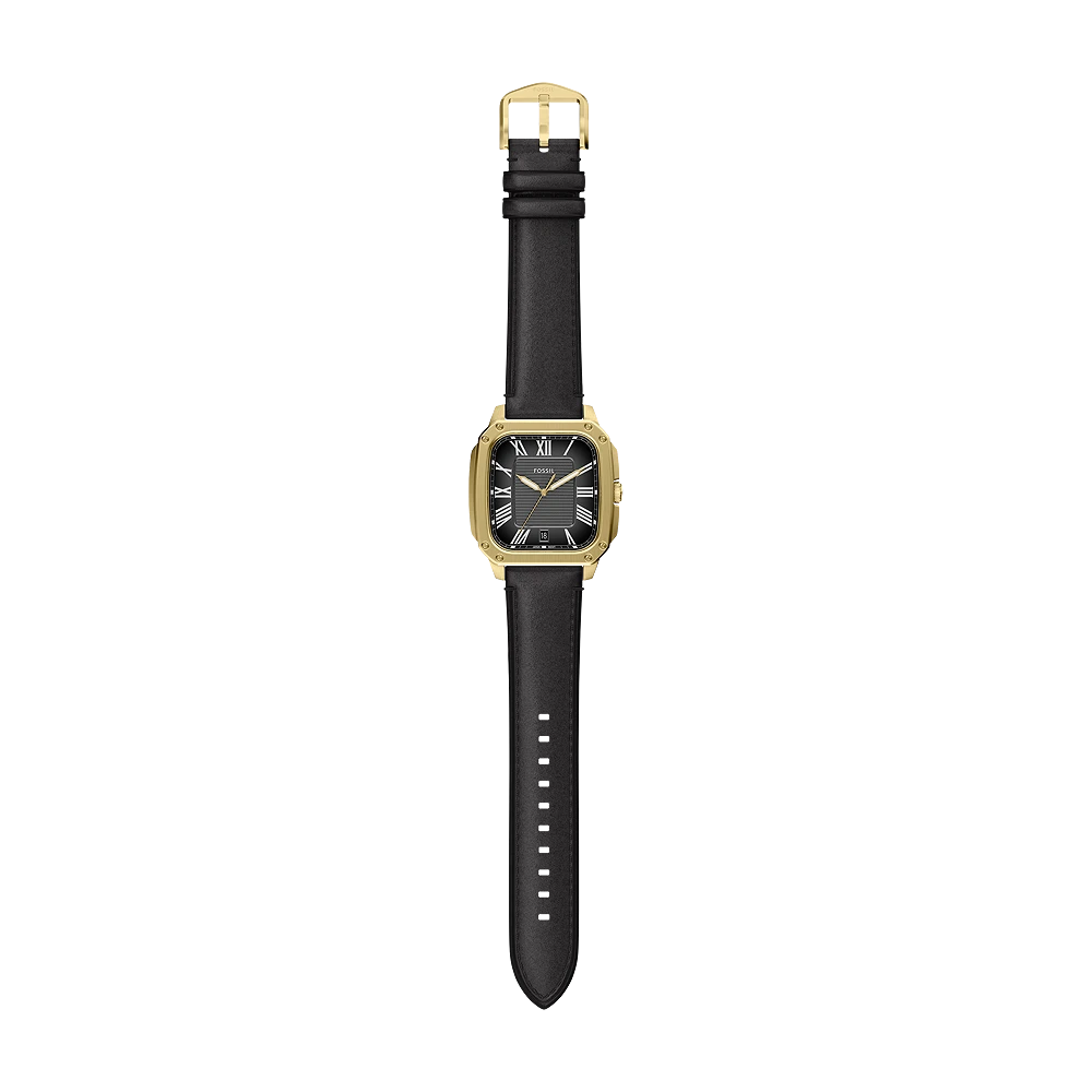 Fossil Crosby Three-Hand Date Gold-Tone Black Dial Black Leather Men's Watch | Fossil FS6151