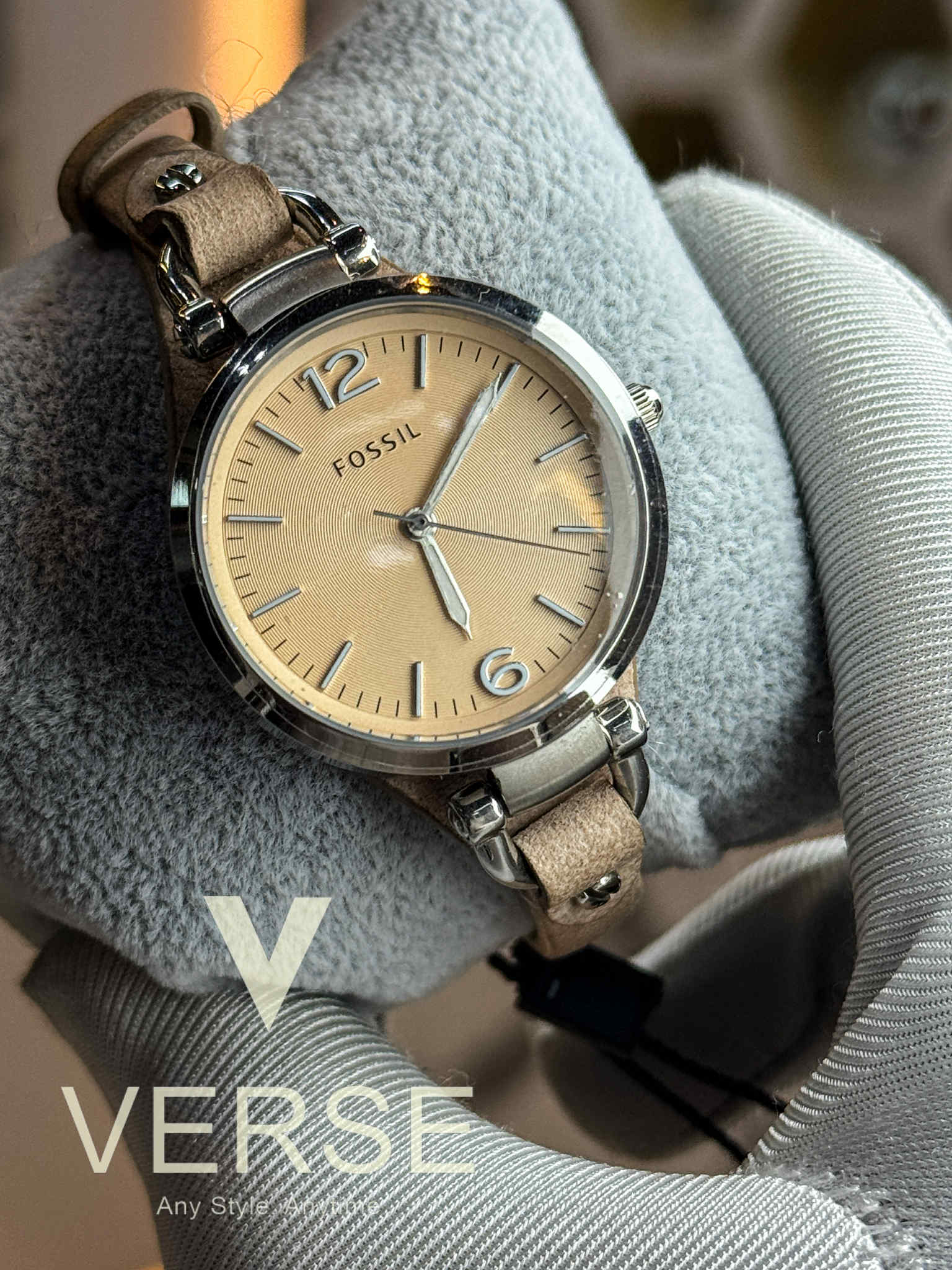Fossil ES2830 Women’s Stainless Steel Watch with Beige Dial & Sand - Tan Leather Strap| Fossil ES2830 - VERSE - 