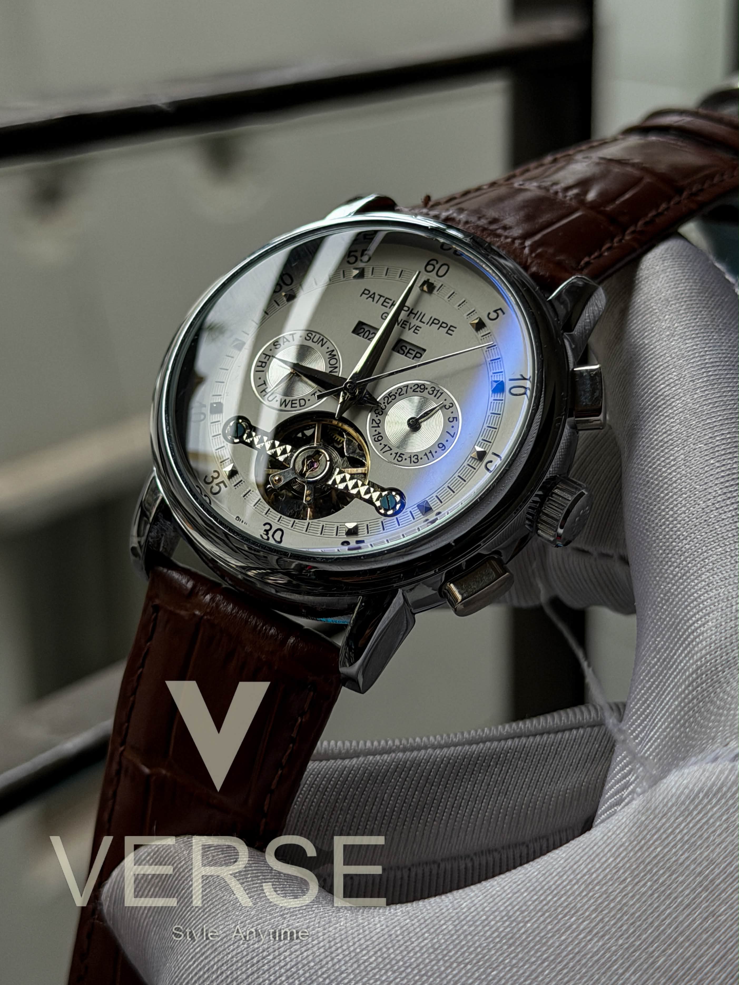 Patek Philippe Grand Flywheel Complication Automatic | White Dial Tan Brown Leather - ( Semi Triple A )