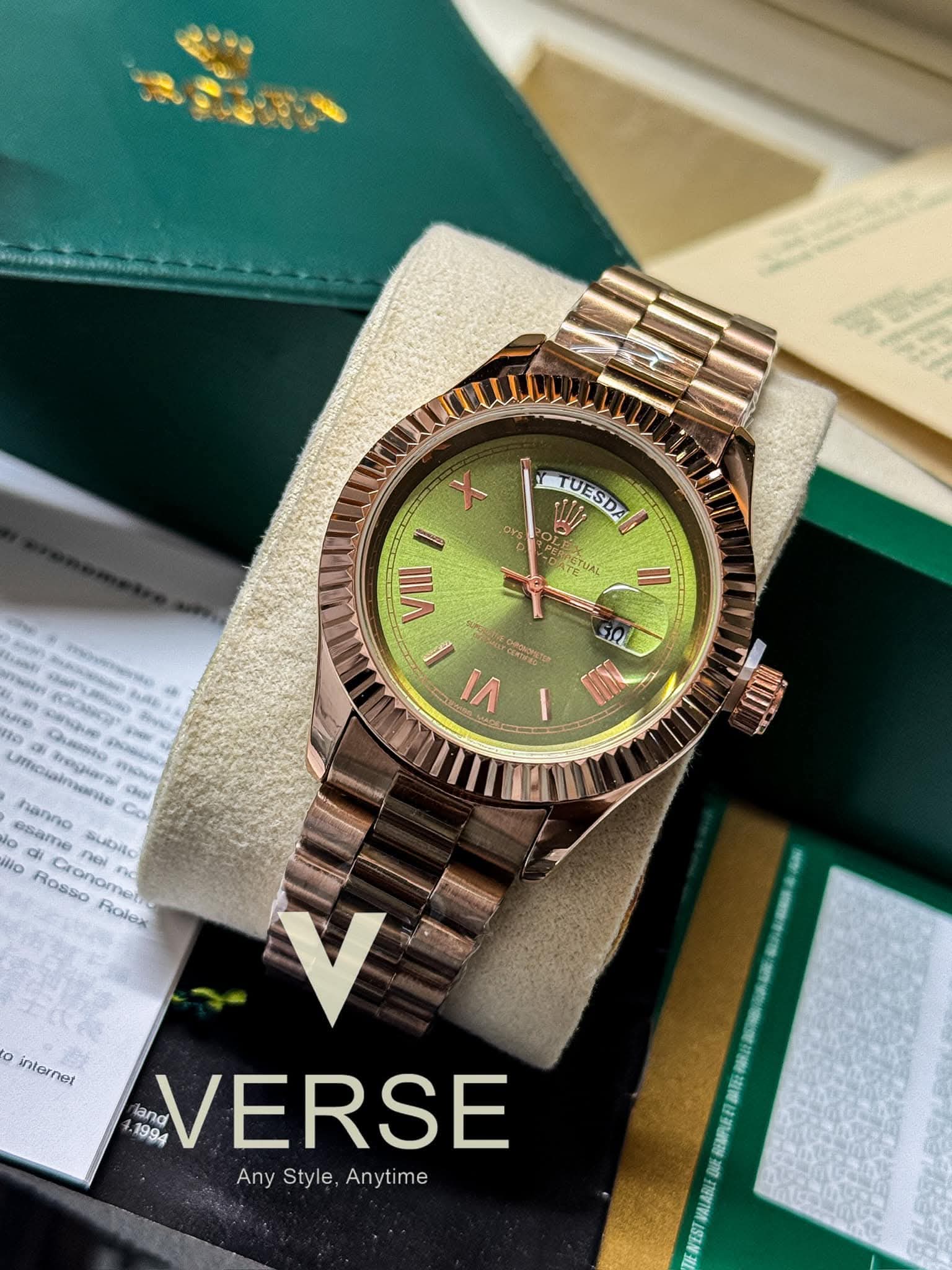 Rolex Day - Date Rose Gold Chain Olive Green Dial AA - VERSE - 