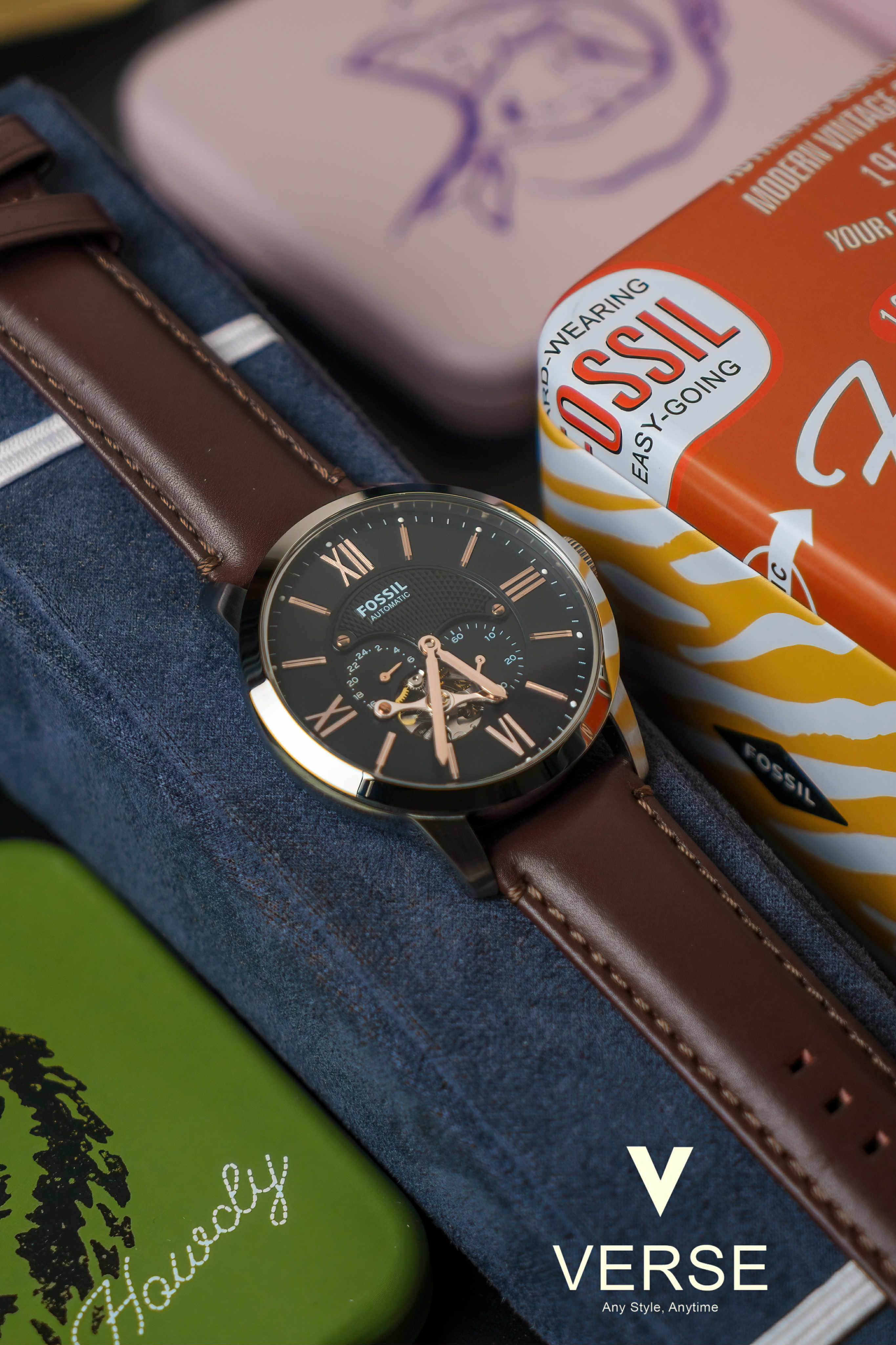 Fossil Townsman ME3061 Men’s 44 mm Automatic Skeleton Watch – Black Dial & Brown Leather - VERSE - 